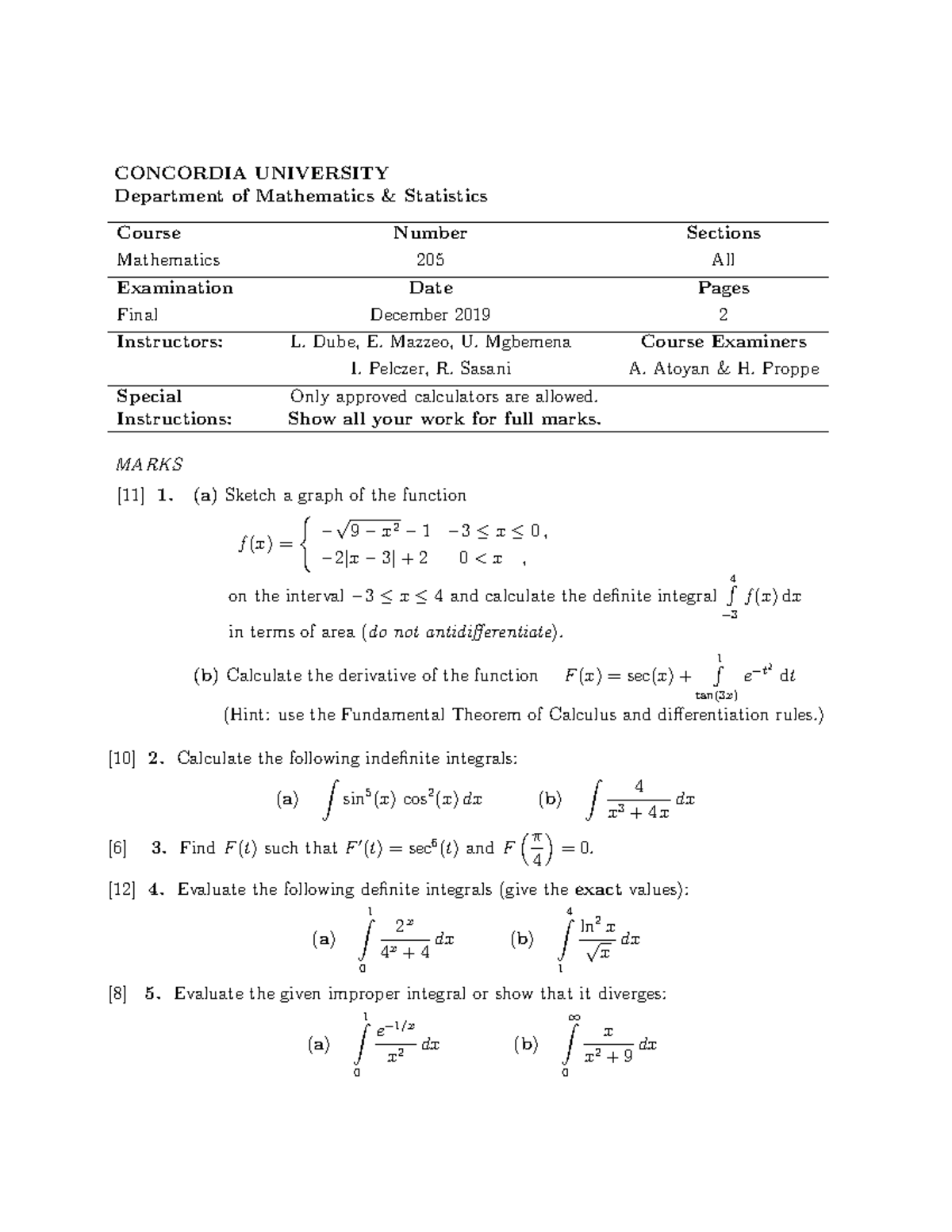 MATH 205 Final Exam December 2019 - Concordia University - Studocu