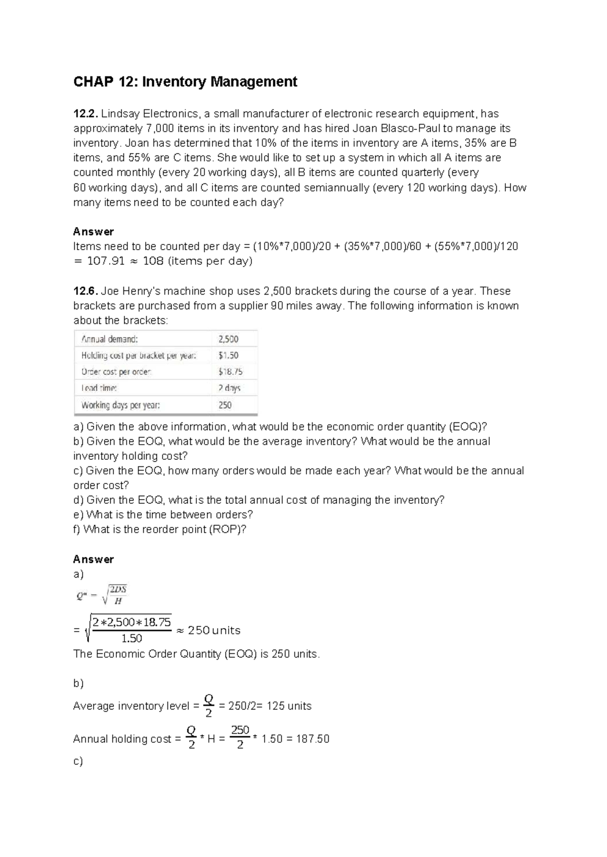 CHAP 12: Inventory Management Assignment and Analysis - Studocu