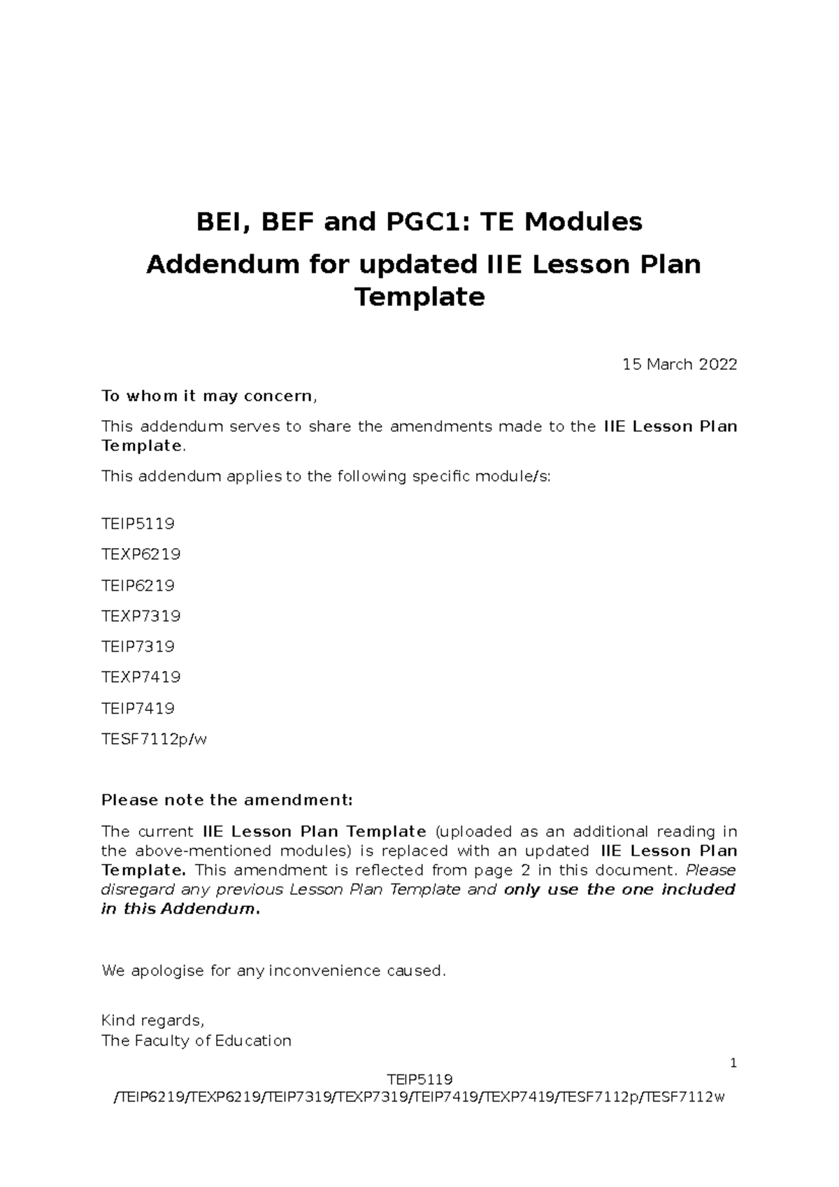 Addendum to the IIE Lesson Plan Template - BEI, BEF and PGC1: TE ...