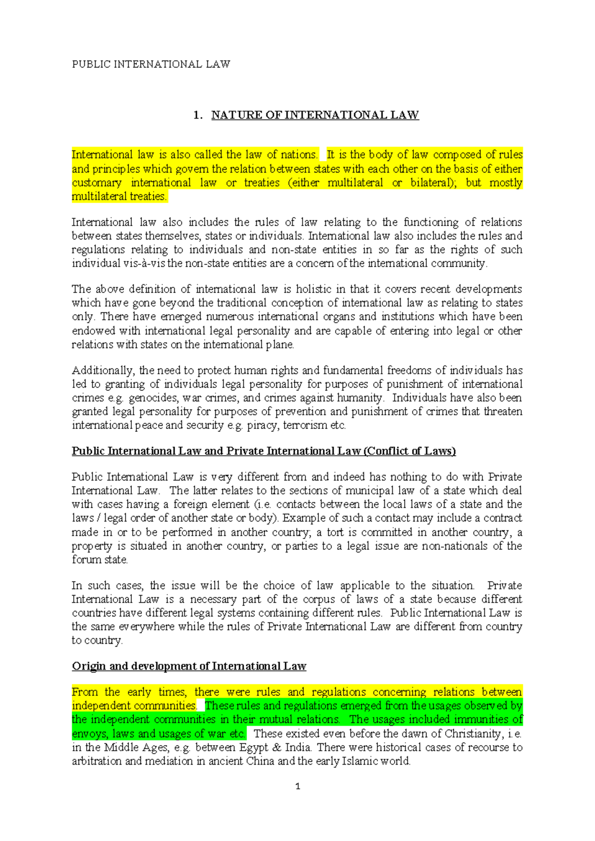 PIL lecture notes - PUBLIC INTERNATIONAL LAW 1. NATURE OF INTERNATIONAL ...
