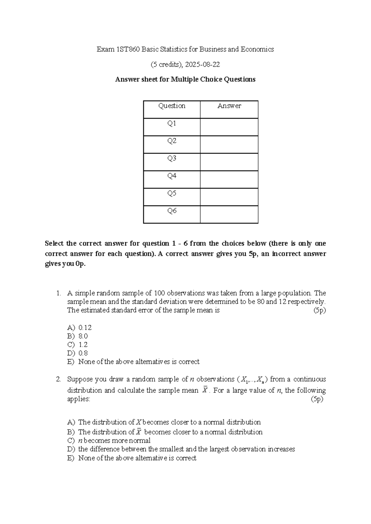 1ST860 Final Exam Answer Sheet for Basic Statistics MCQs - Studocu
