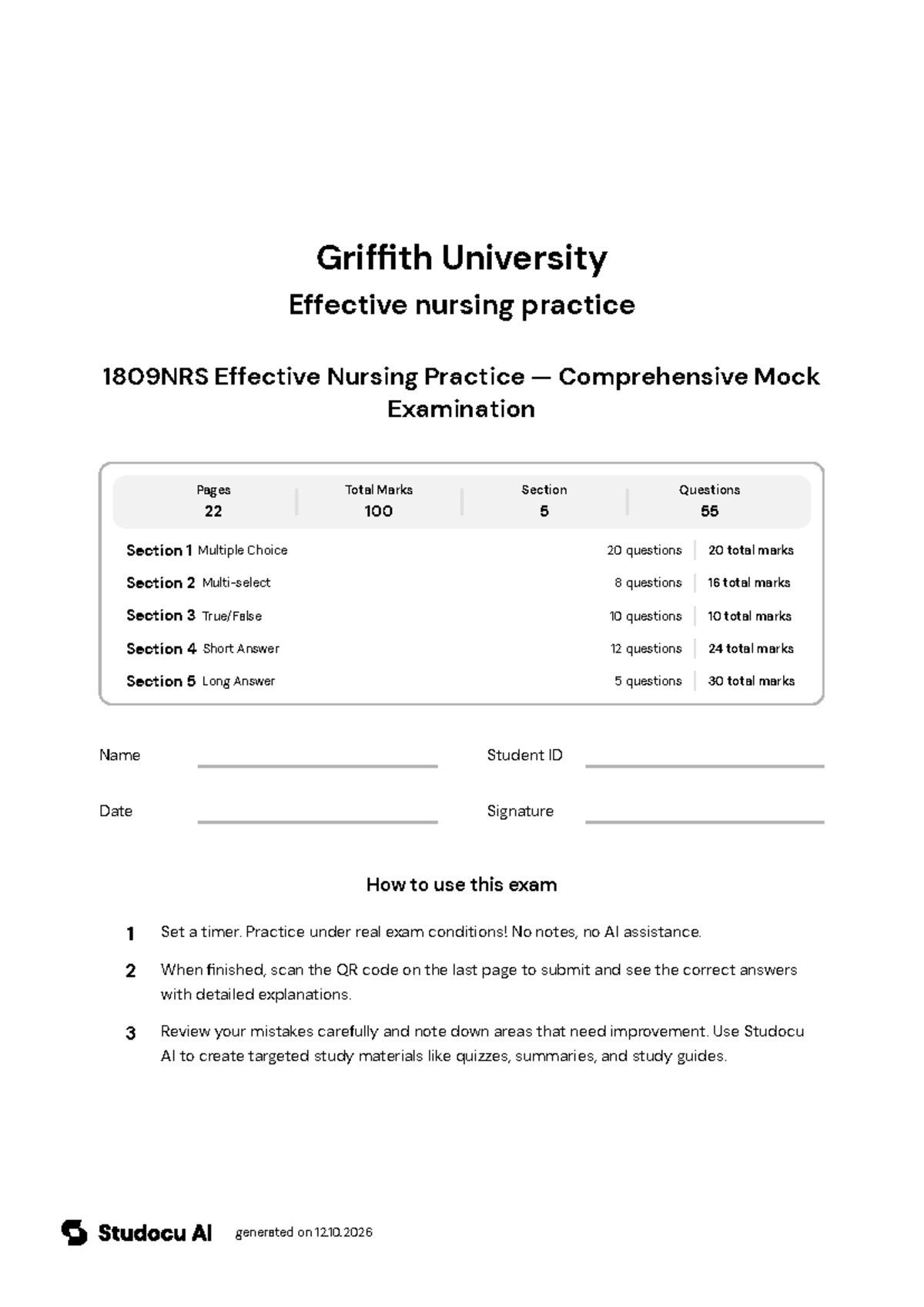 1809NRS Effective Nursing Practice - Comprehensive Mock Exam - Studocu