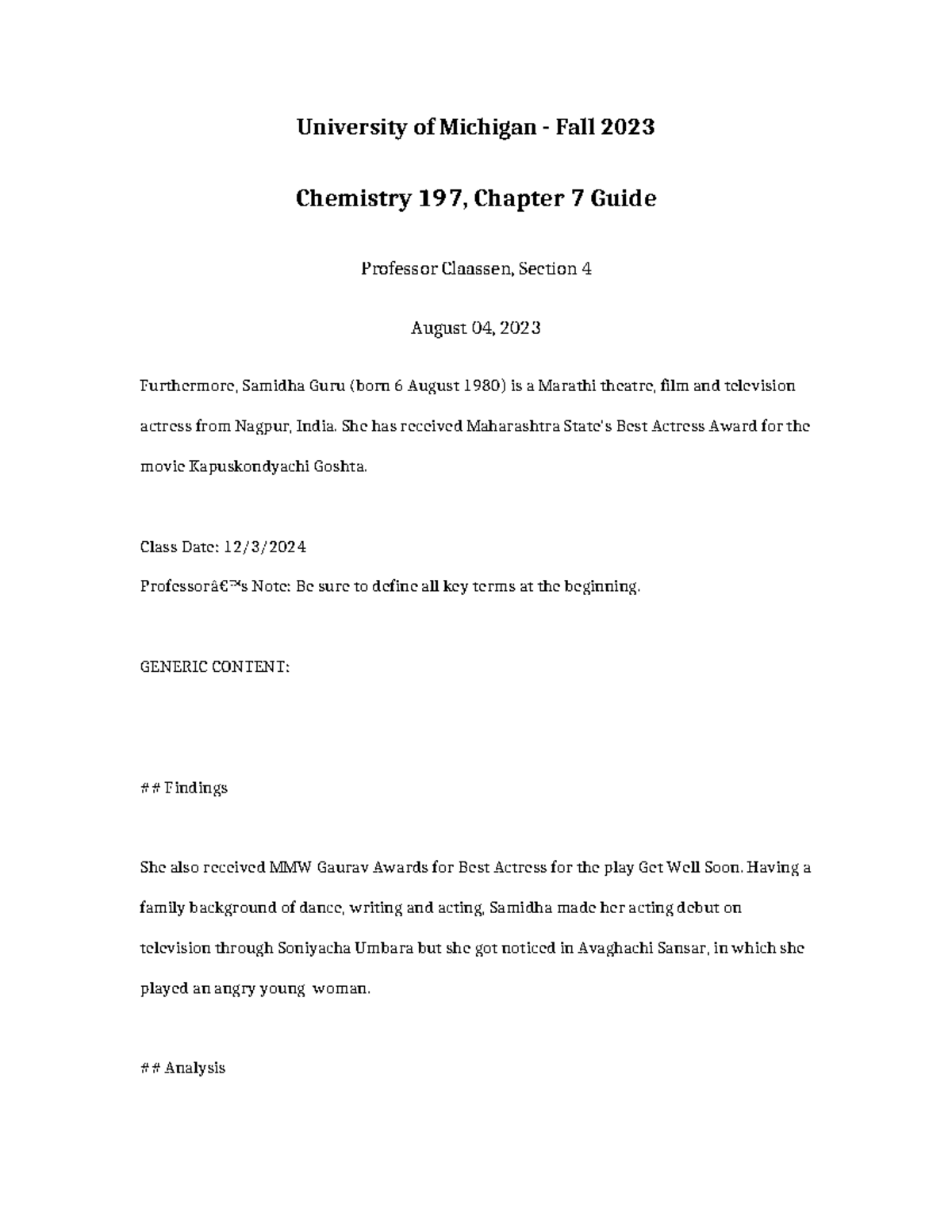 Chemistry 197 Fall 2023 Chapter 7 Study Guide - Prof. Claassen - Studocu