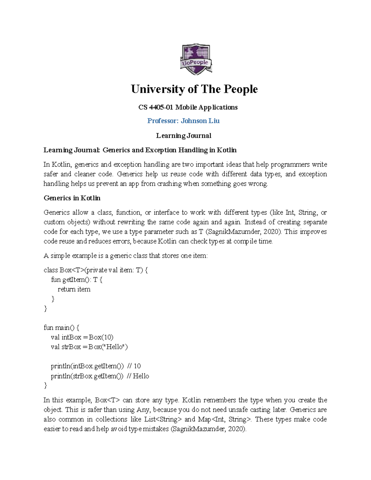 CS Mobile Applications: Learning Journal on Generics & Exception ...