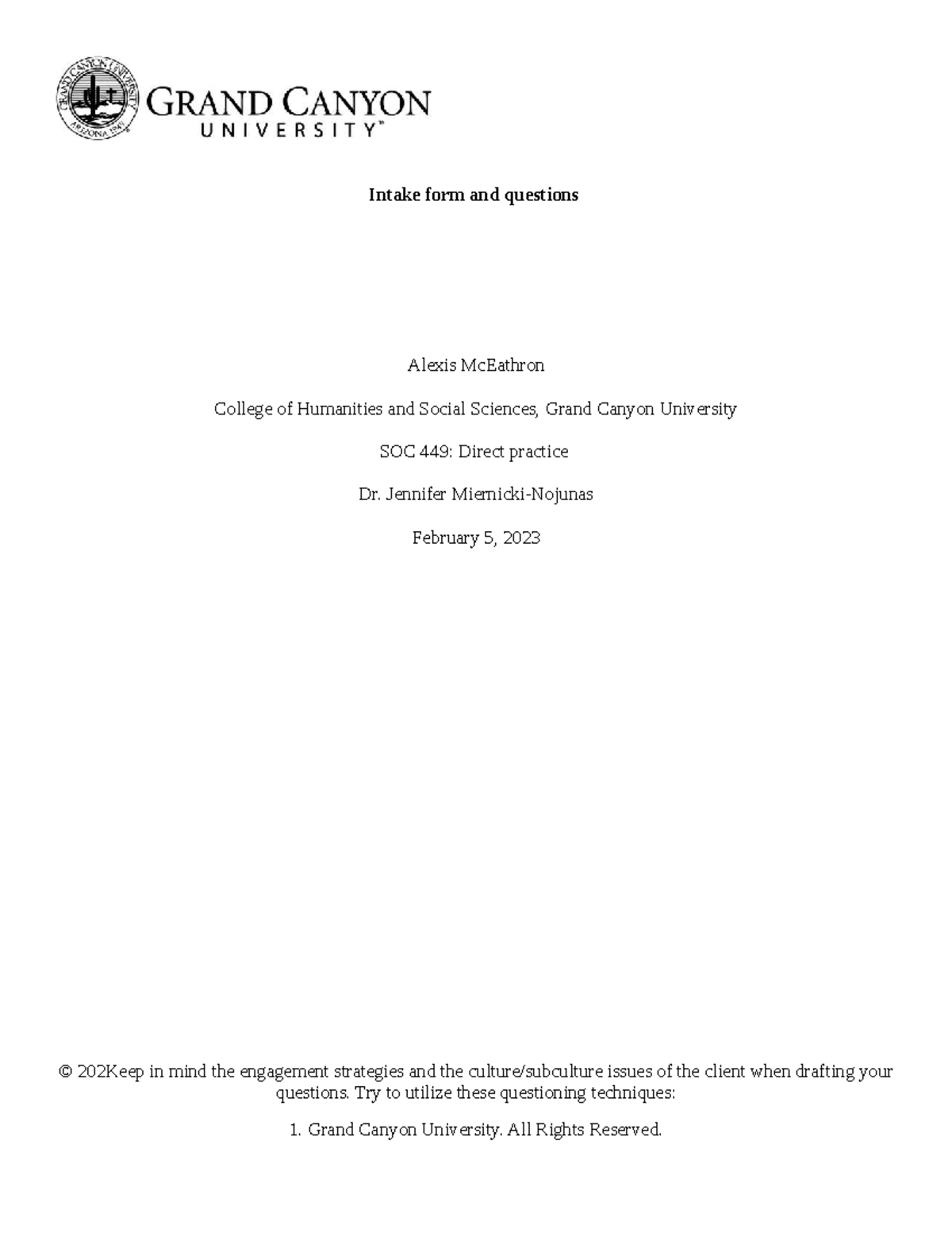 Intake form and assesment - Intake form and questions Alexis McEathron ...