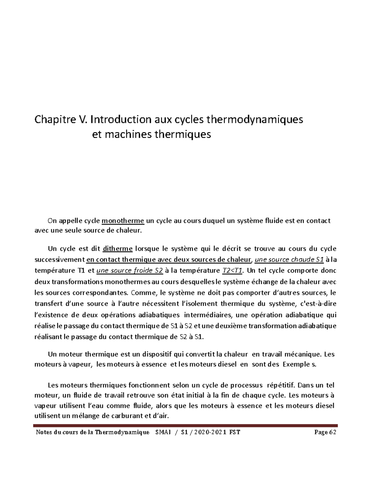 Thermodynamique : Chapitre 5 - Cycles et Machines Thermiques - Studocu