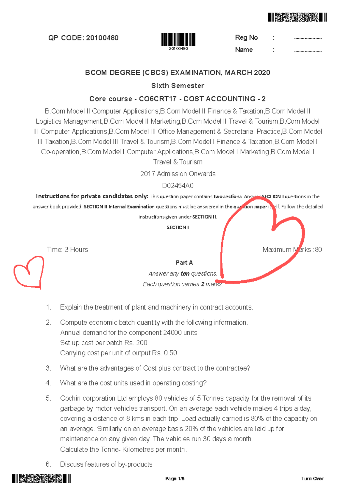 BCOM 6th Sem CO6CRT17 Cost Accounting Exam QP - March 2020 - Studocu