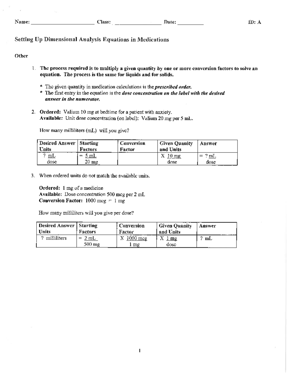 Dimensional Analysis Setup and Practice for Medications - Studocu