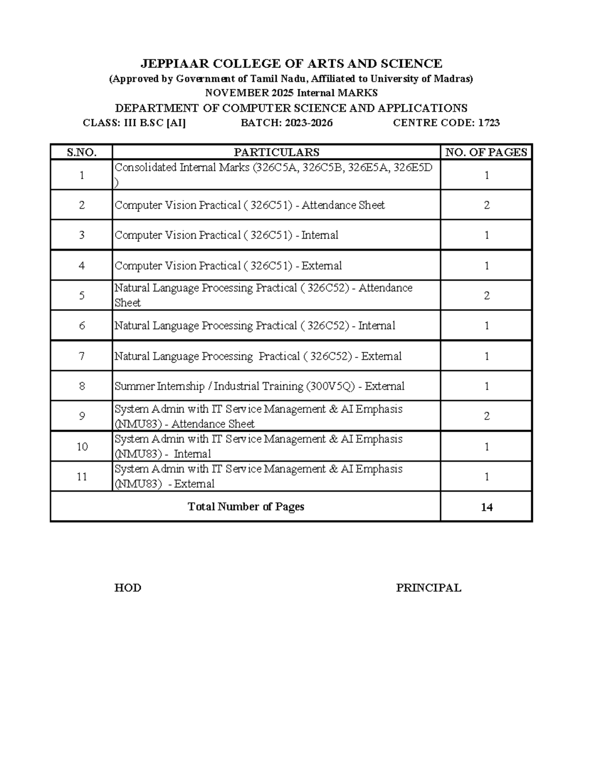 B.SC Computer Science Internal Marks Report (326C5A, 326C5B, 326E5A ...