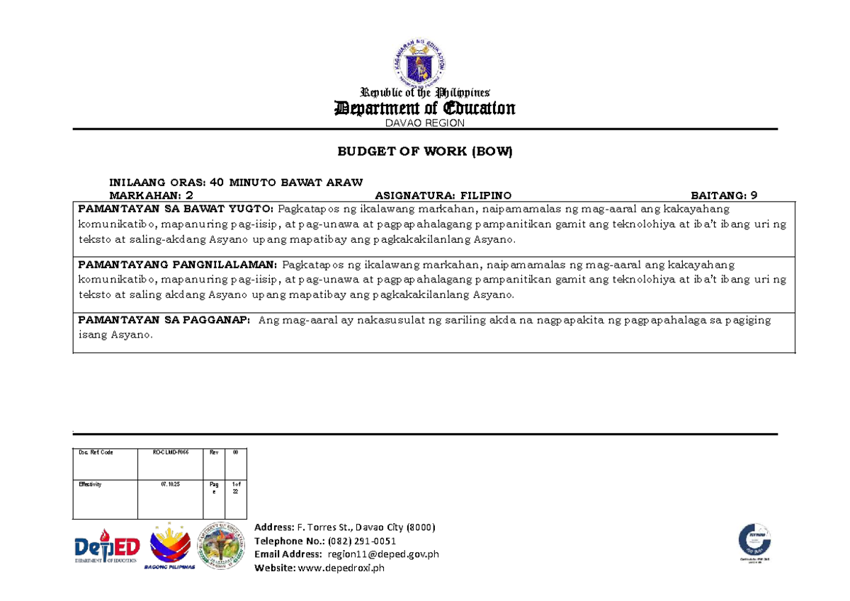FIL9 Q2 BOW: Davao Region Filipino 9 Learning Objectives and Activities ...