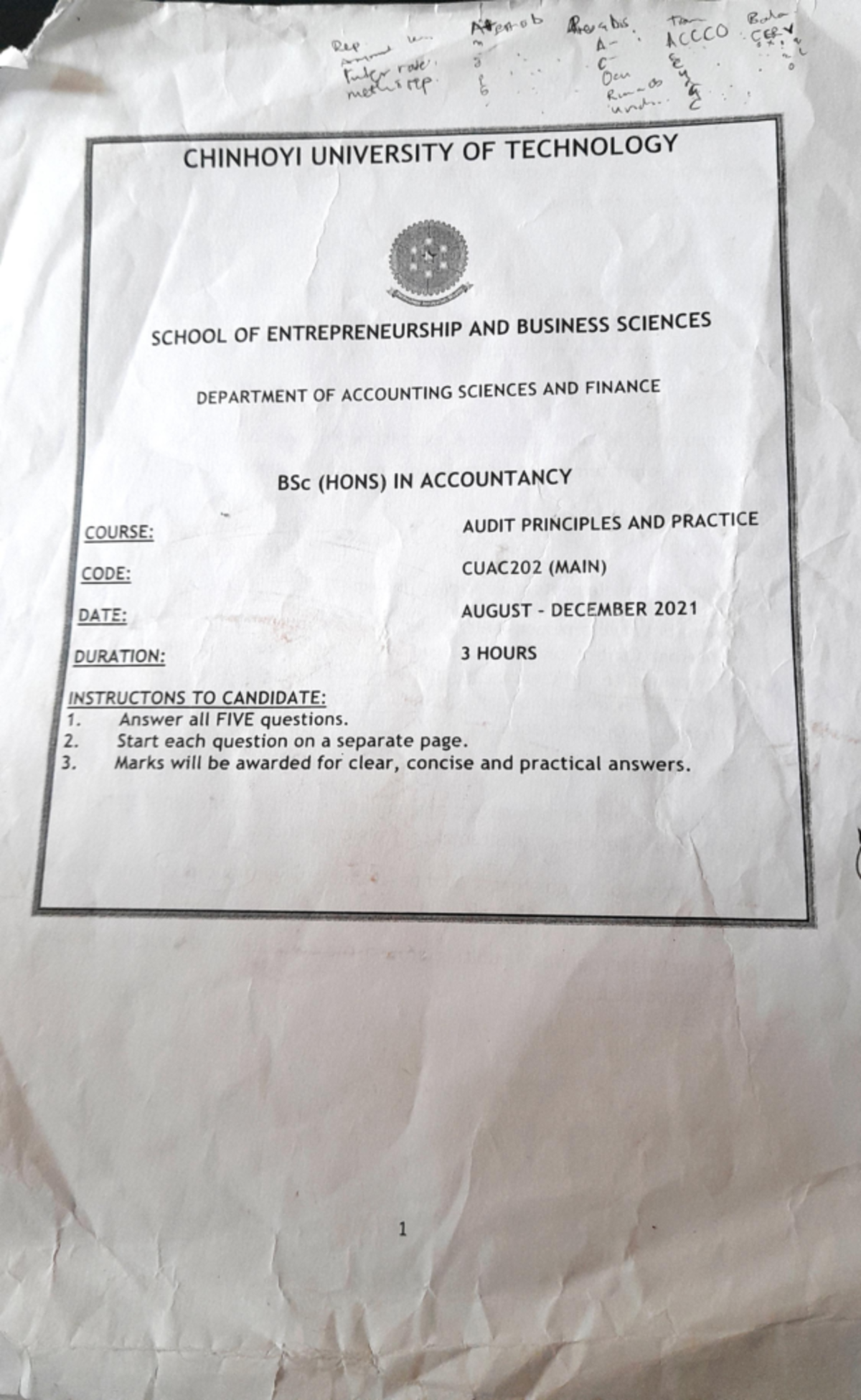 Auditing qsn ppr - Past exam paper - some on methi own under SEATTLE ...