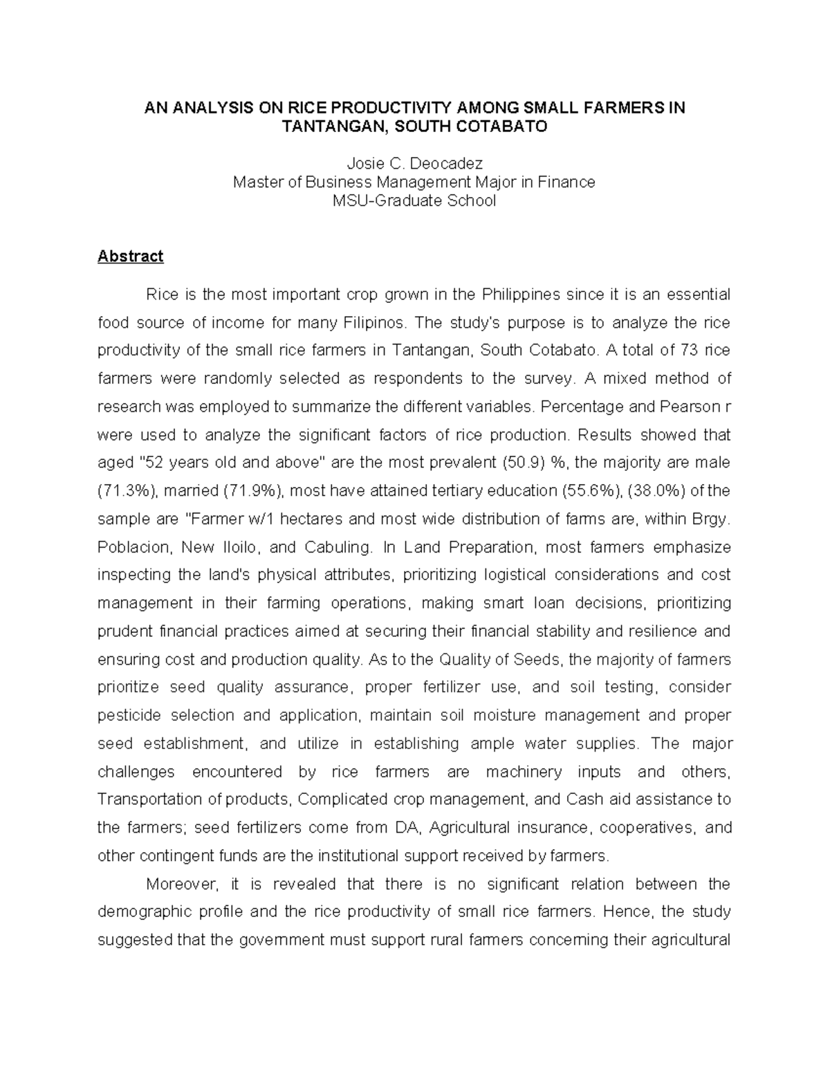 Analysis of Rice Productivity in Small Farmers (MBA 101) - Studocu