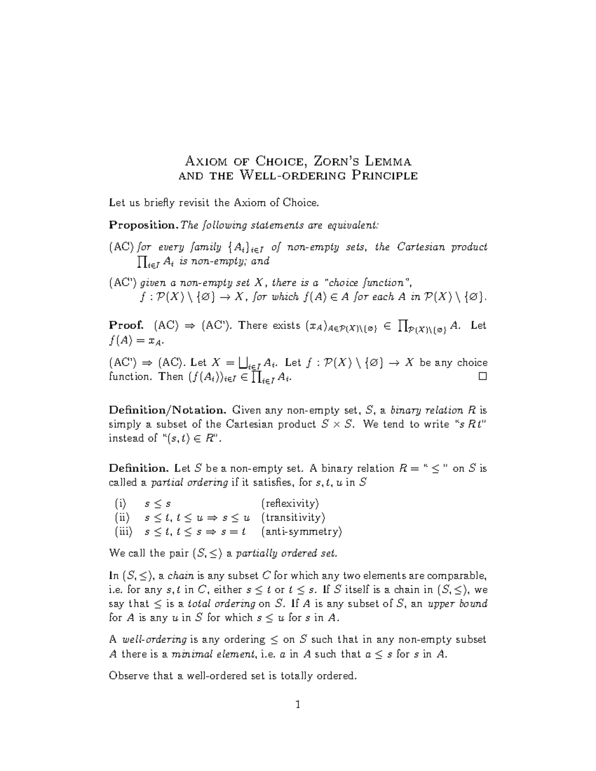 Zorn's Lemma Proof and Axiom of Choice (PMATH 351) Notes - Studocu