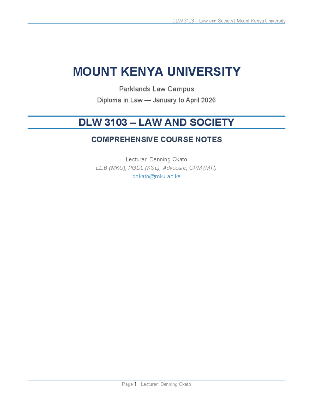 DLW 3103 Law and Society Comprehensive Course Notes (Jan-Apr 2026 ...