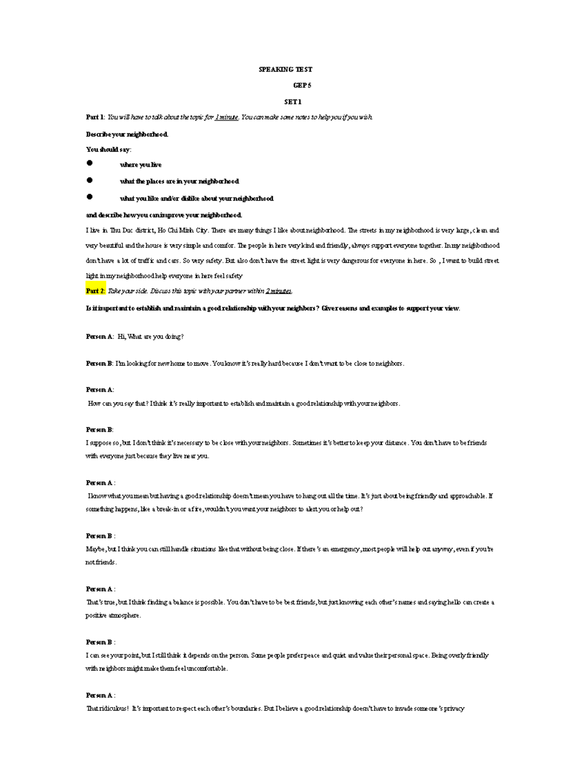 GEP 5 Speaking test - gep5 - SPEAKING TEST GEP 5 SET 1 Part 1: You will ...