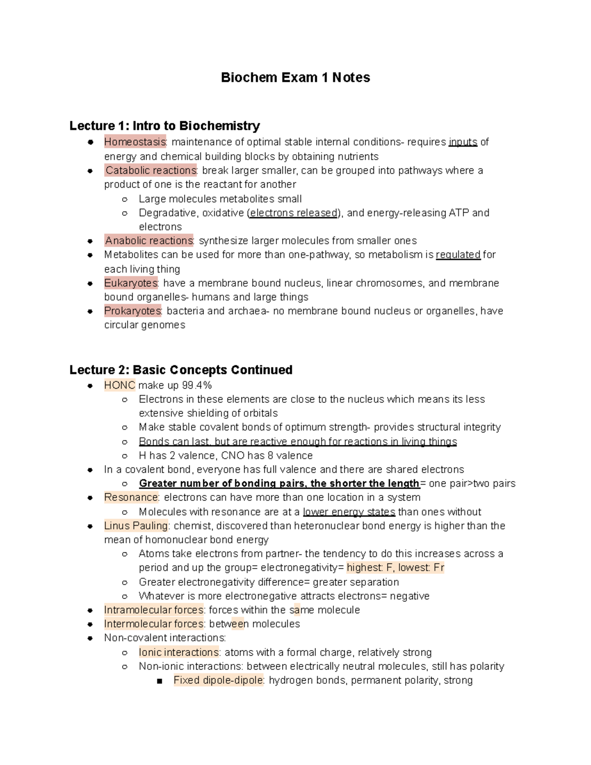 Biochem 101: Exam 1 Lecture Notes and Key Concepts - Studocu