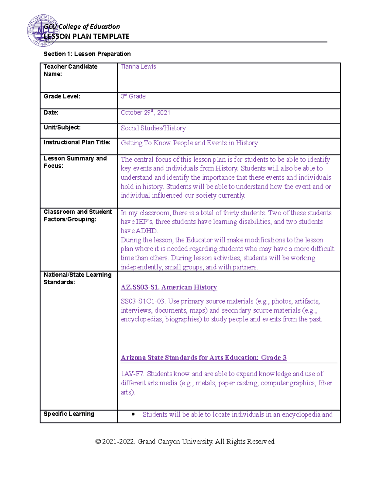 GCU 3rd Grade World History Lesson Plan: Key Events & Figures - Studocu