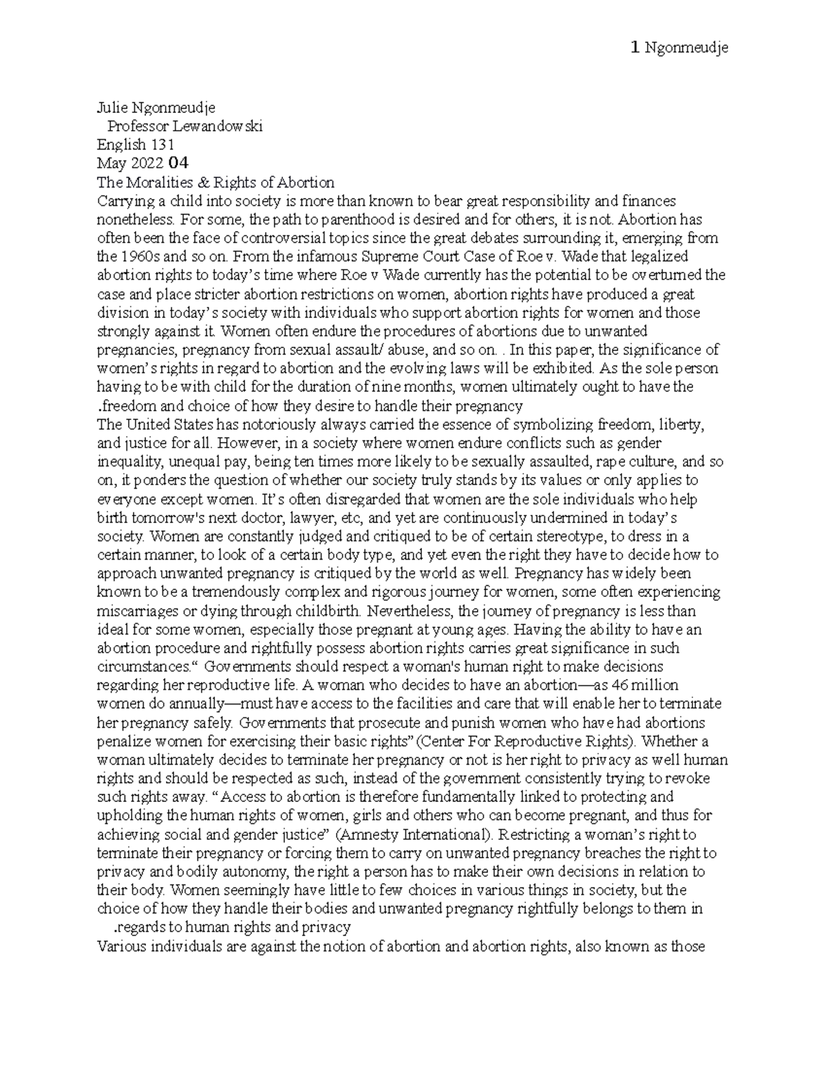 ENG 131 Argumentative Essay: The Moralities & Rights of Abortion - Studocu