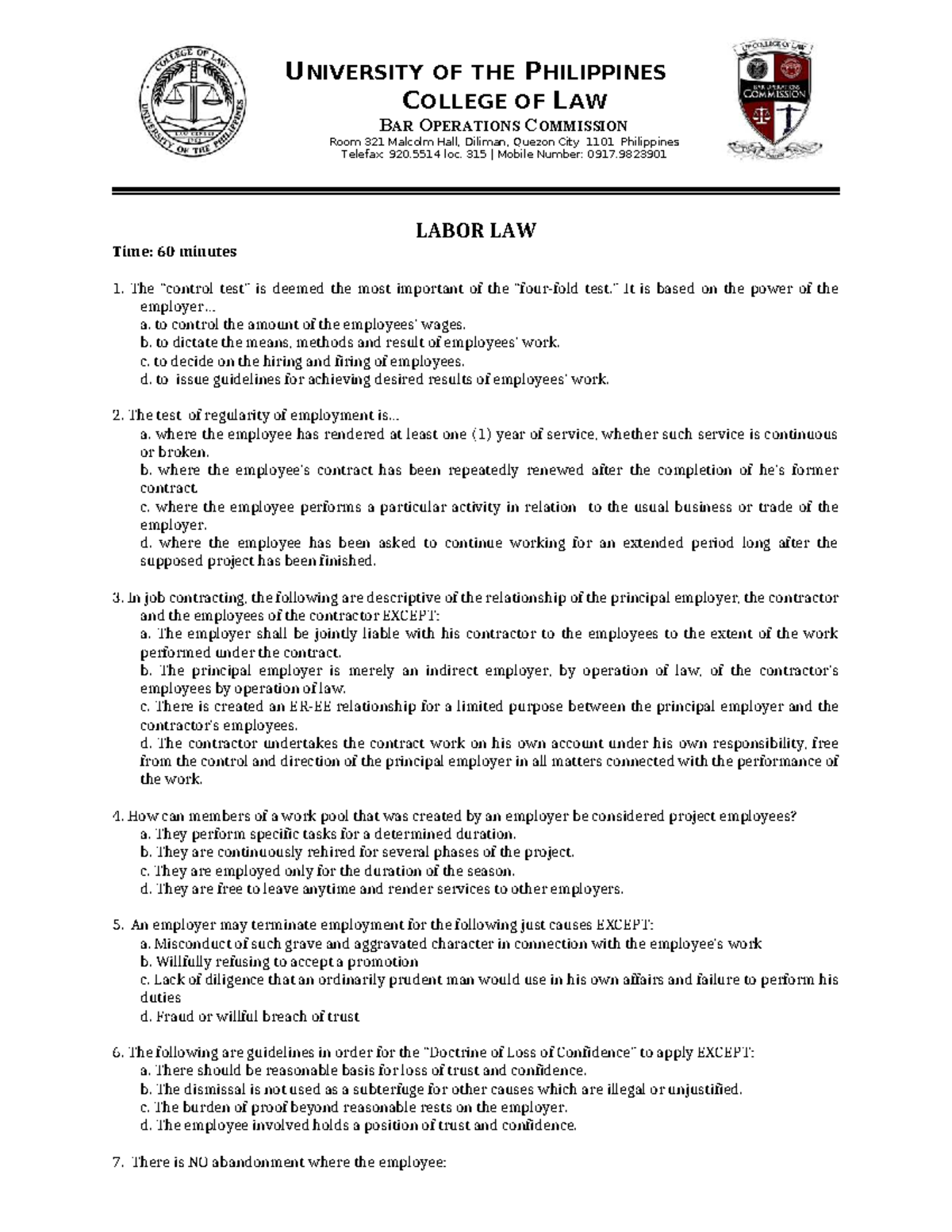 Labor Law 101: MCQ Review with Answer Key for Final Exam - Studocu