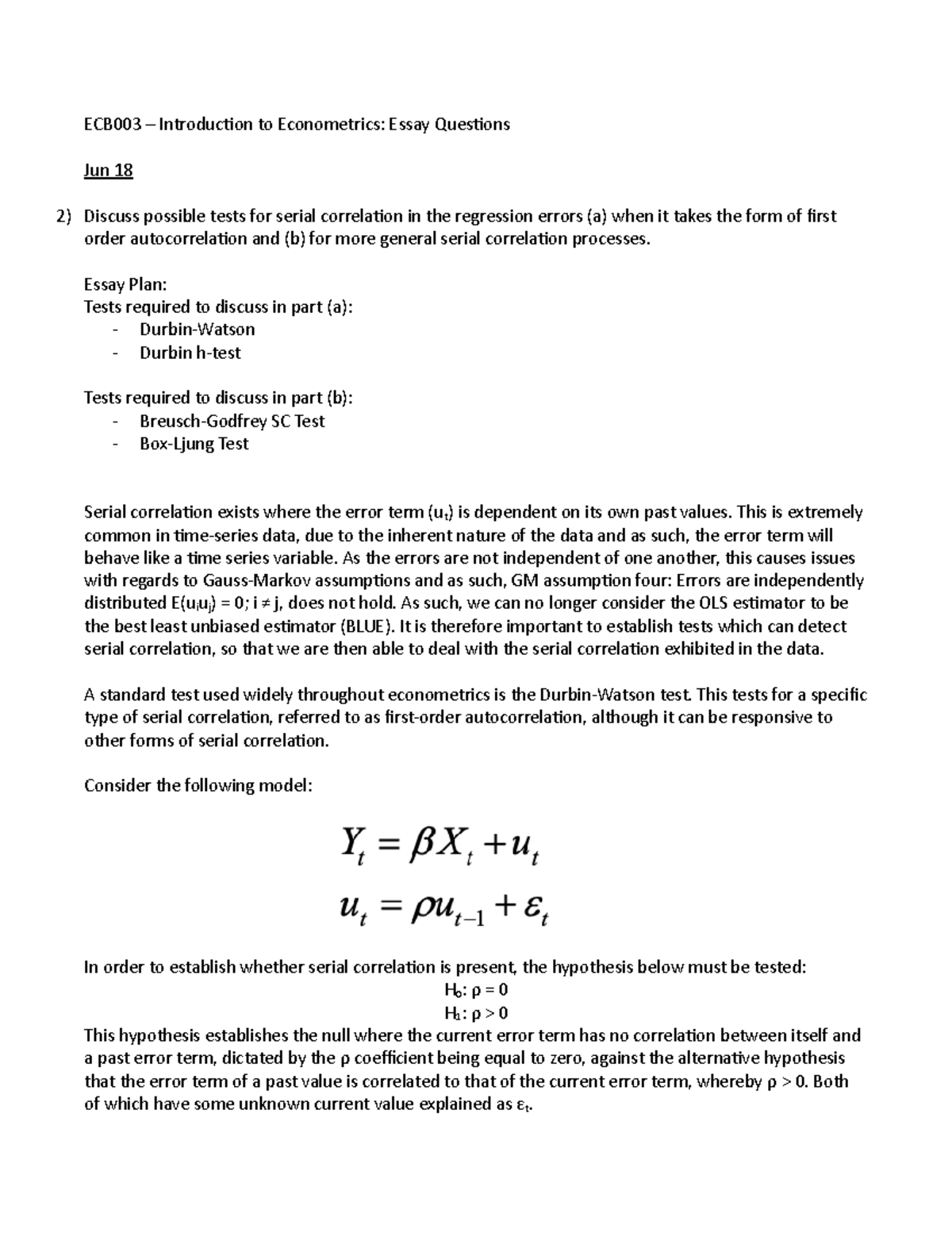 ECB003 - Serial Correlation Essay Questions and Tests Overview - Studocu