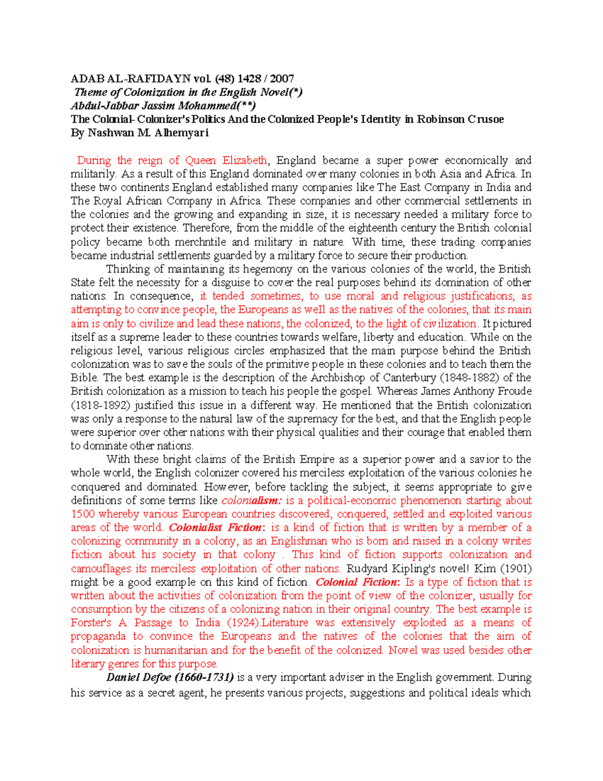 Colonialism in R - helpful - ADAB AL-RAFIDAYN vol. (48) 1428 / 2007 ...