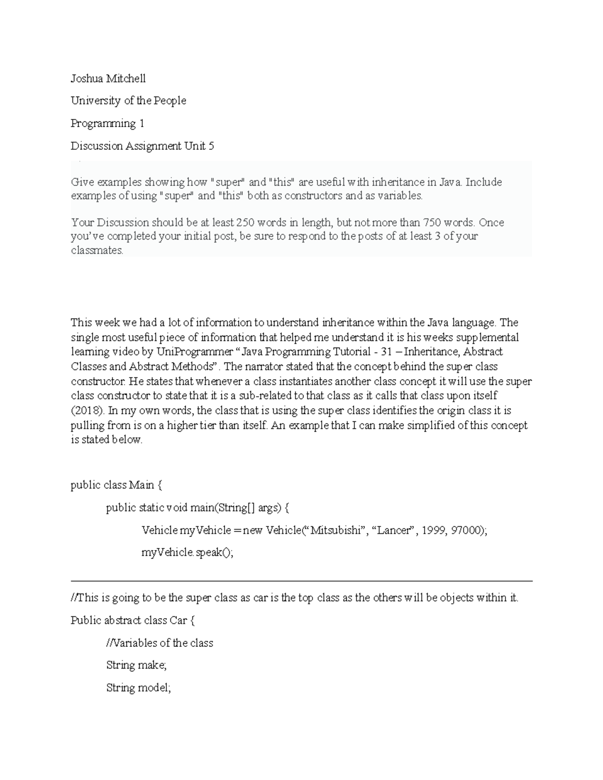 Programming 1 Discussion Assignment Unit 5: Inheritance & Java 'this ...