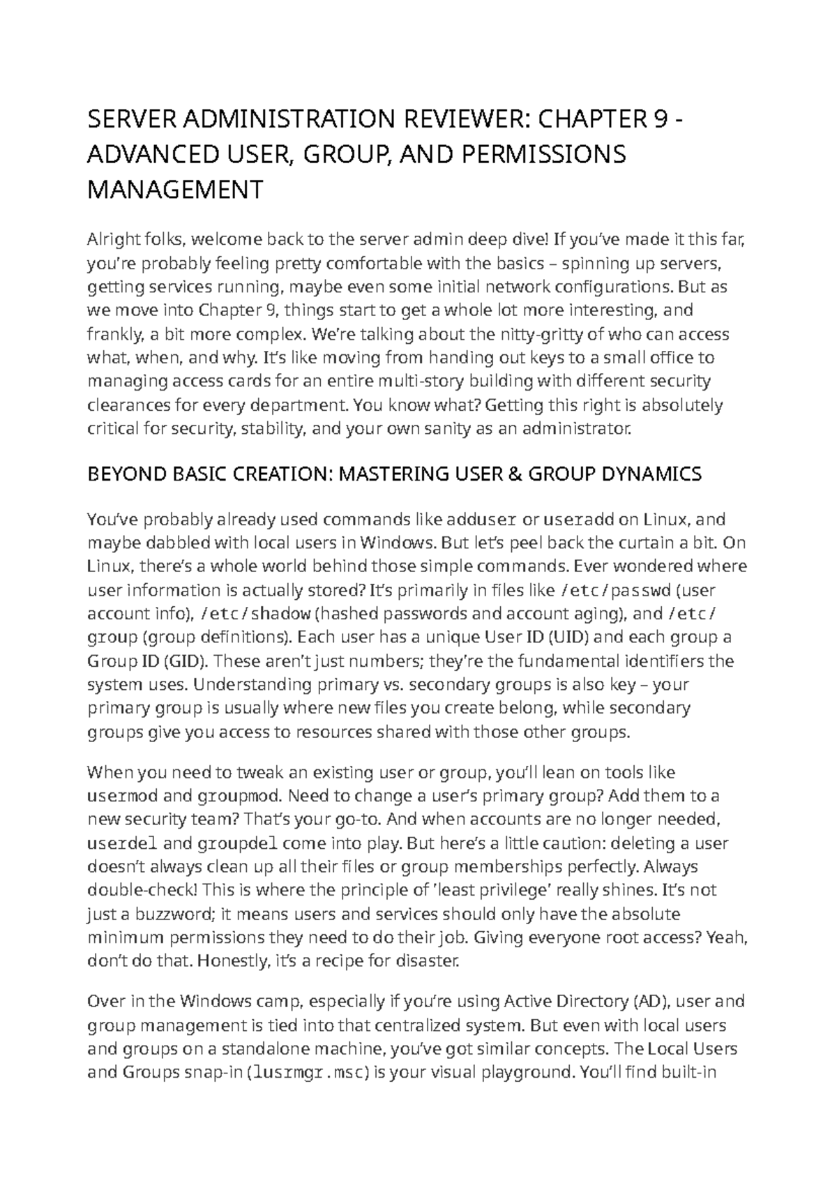 SERVER ADMINISTRATION REVIEWER: CHAPTER 9 USER & PERMISSIONS MANAGEMENT ...