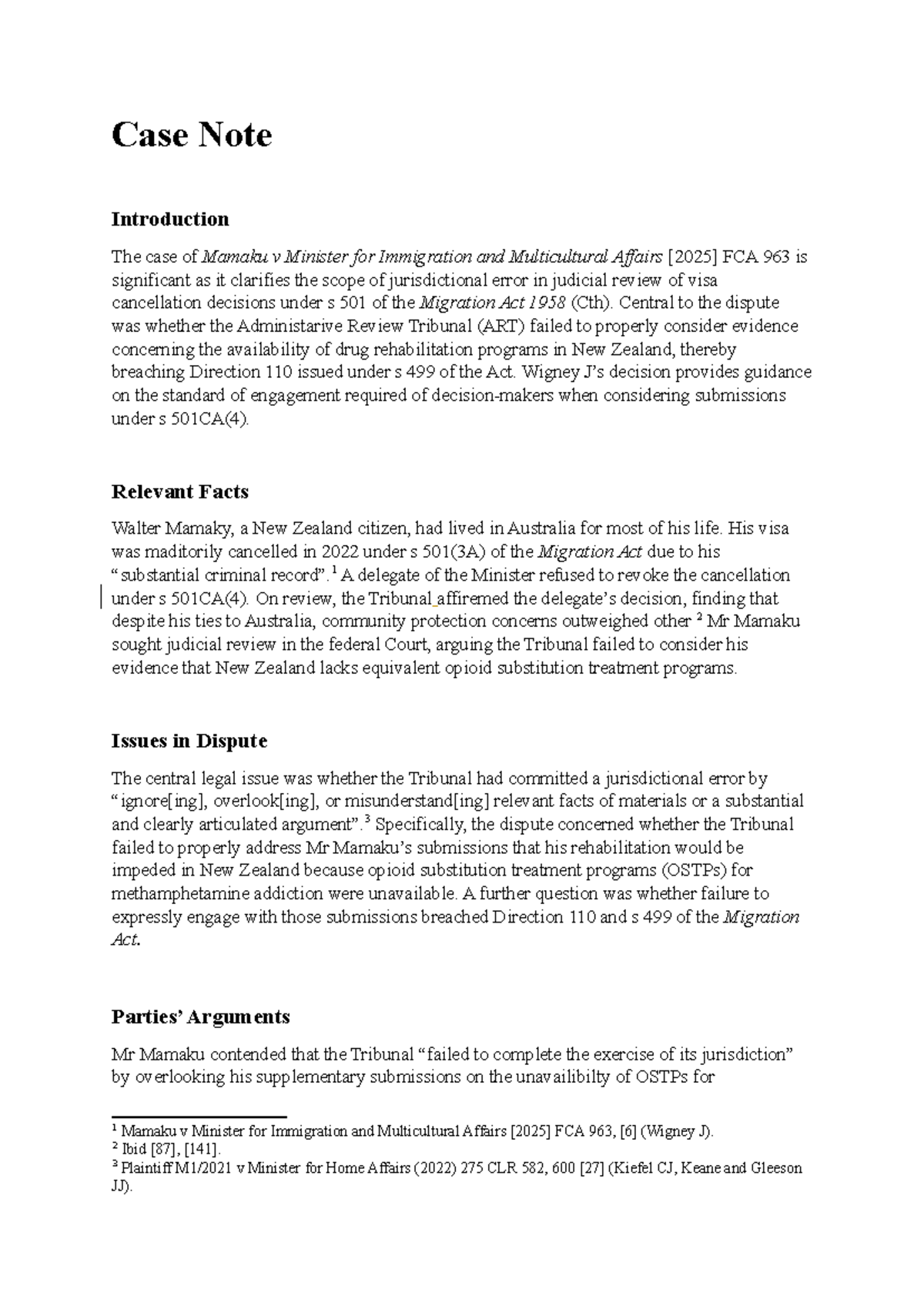 Case Note: Mamaku v Minister for Immigration FCA 963 Analysis - Studocu