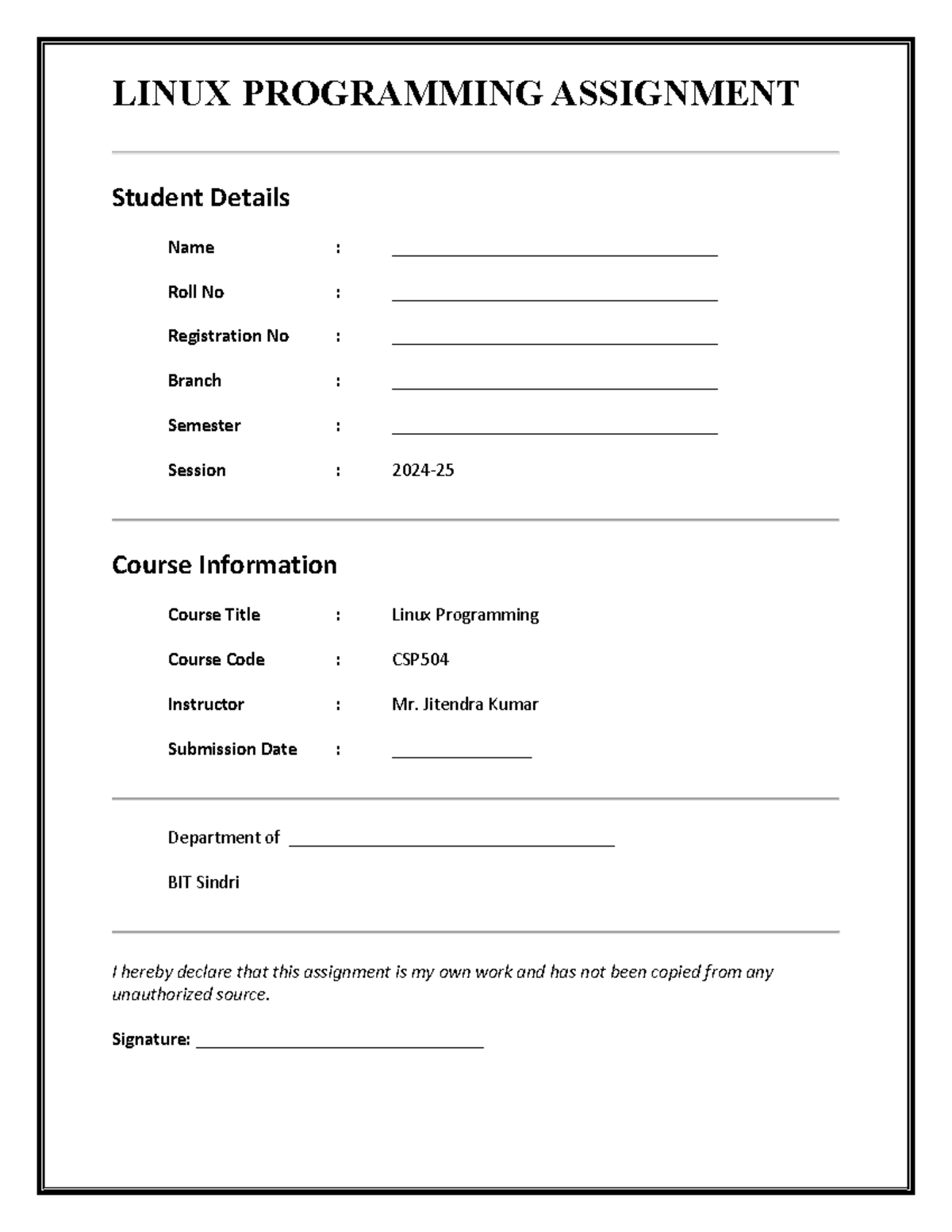 Format for Linux Programming Assignment - LINUX PROGRAMMING ASSIGNMENT ...