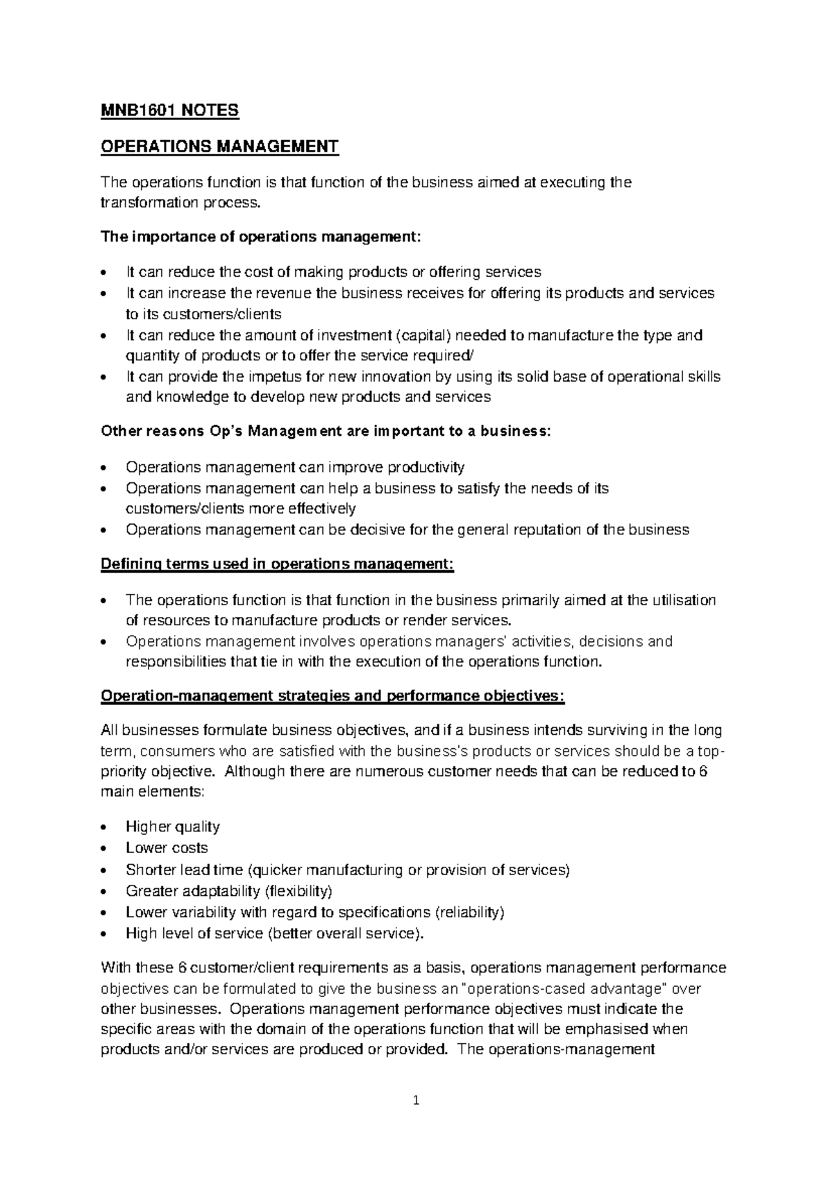 MNB1601 Lecture Notes: Operations Management Overview Unisa - Studocu