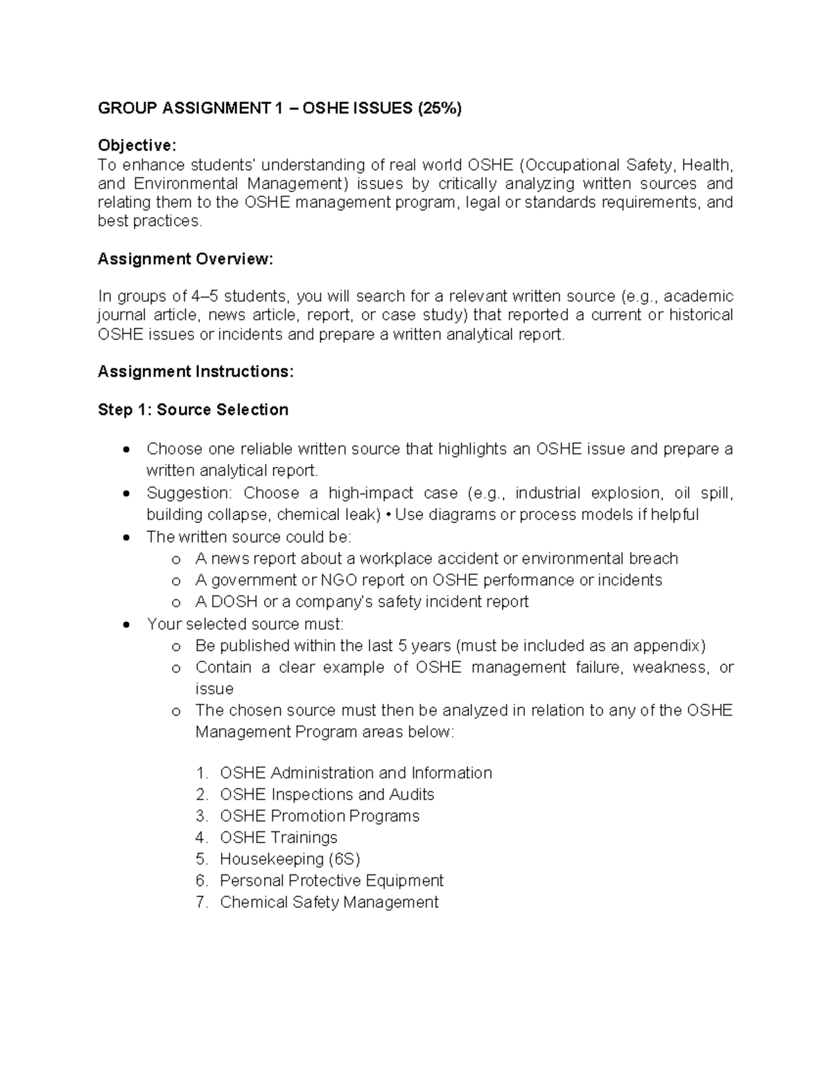 OSHE Group Assignment 1: Analyzing Real-World Issues and Solutions ...