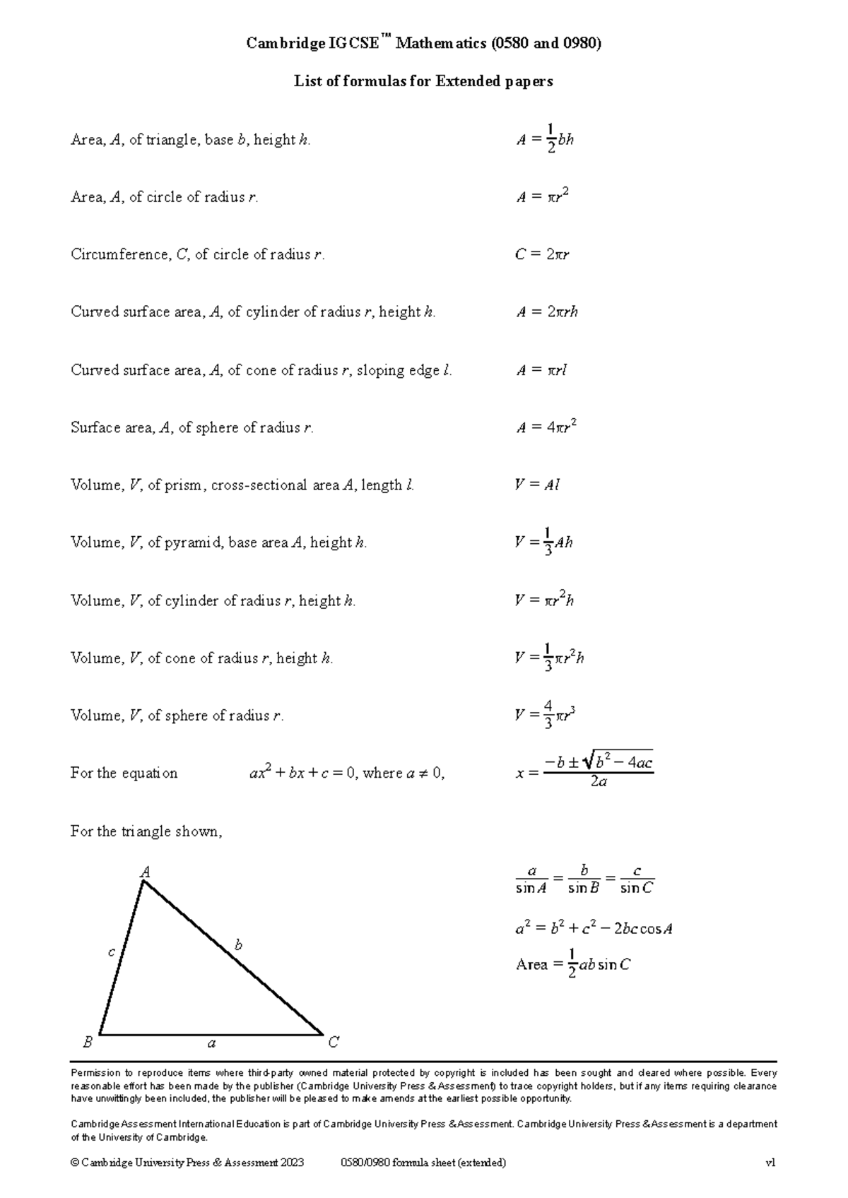 0580 Extended Papers Formula Sheet for IGCSE Mathematics - Studocu