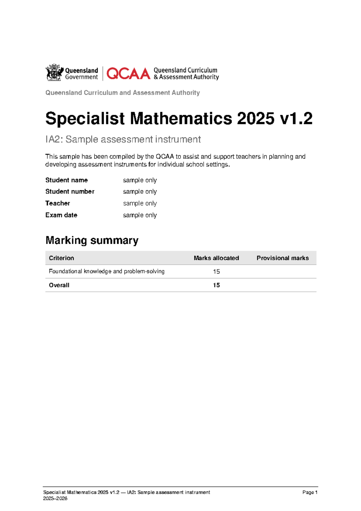 Specialist Mathematics 2025 v1.2 IA2: Sample Assessment Instrument ...