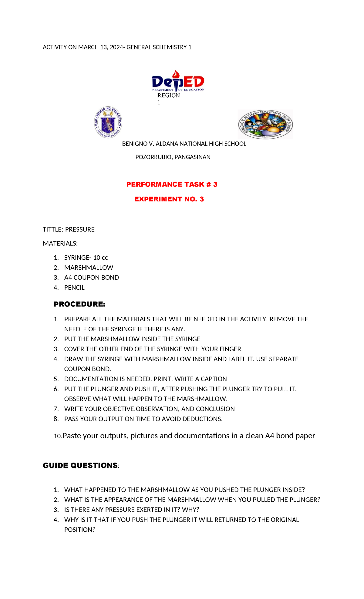 ACTIVITY ON MARCH 13: PERFORMANCE TASK 3 IN GENERAL CHEMISTRY 1 - Studocu