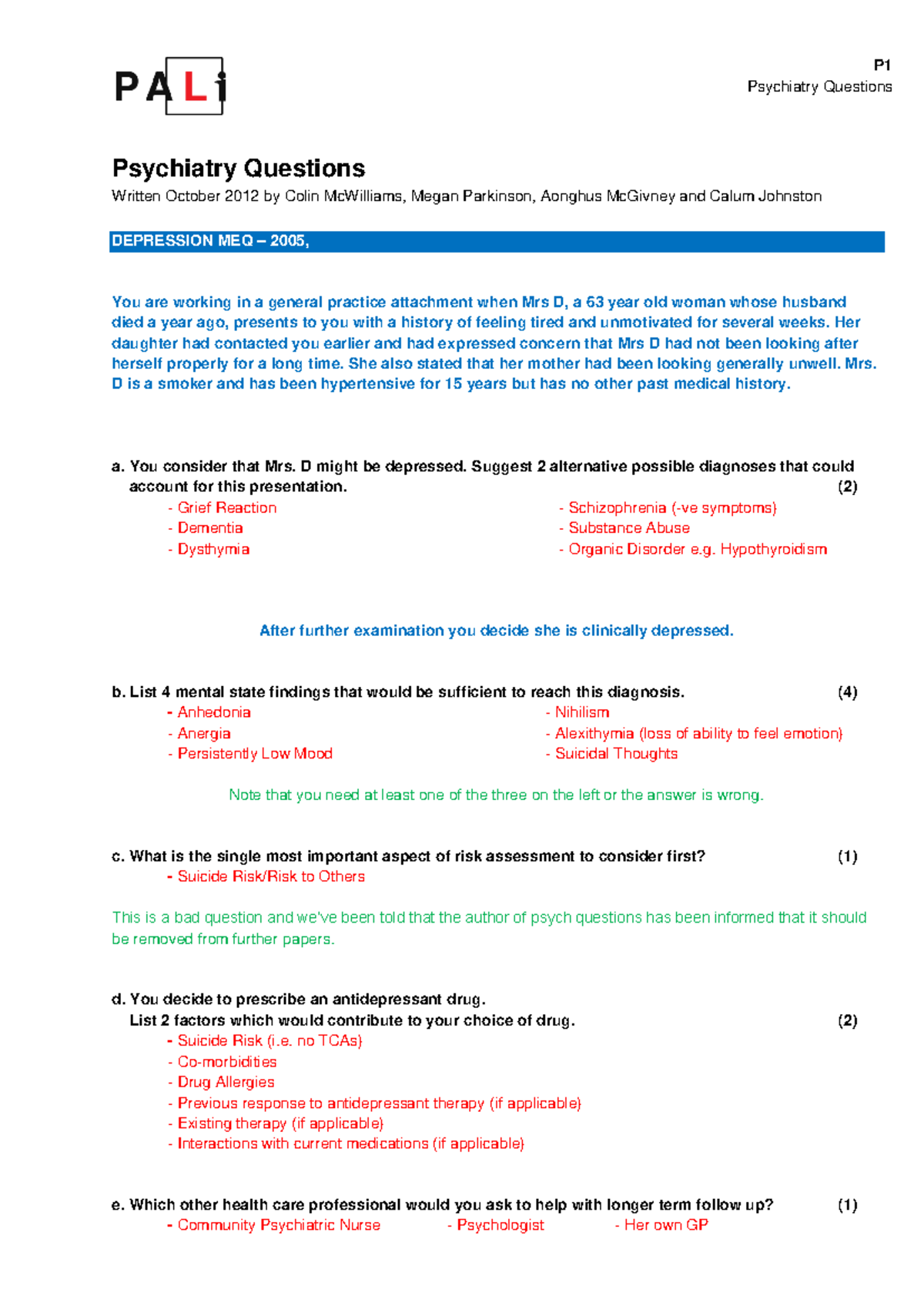 Psychiatry Past Papers: MEQ Analysis and Exam Preparation Guides - Studocu