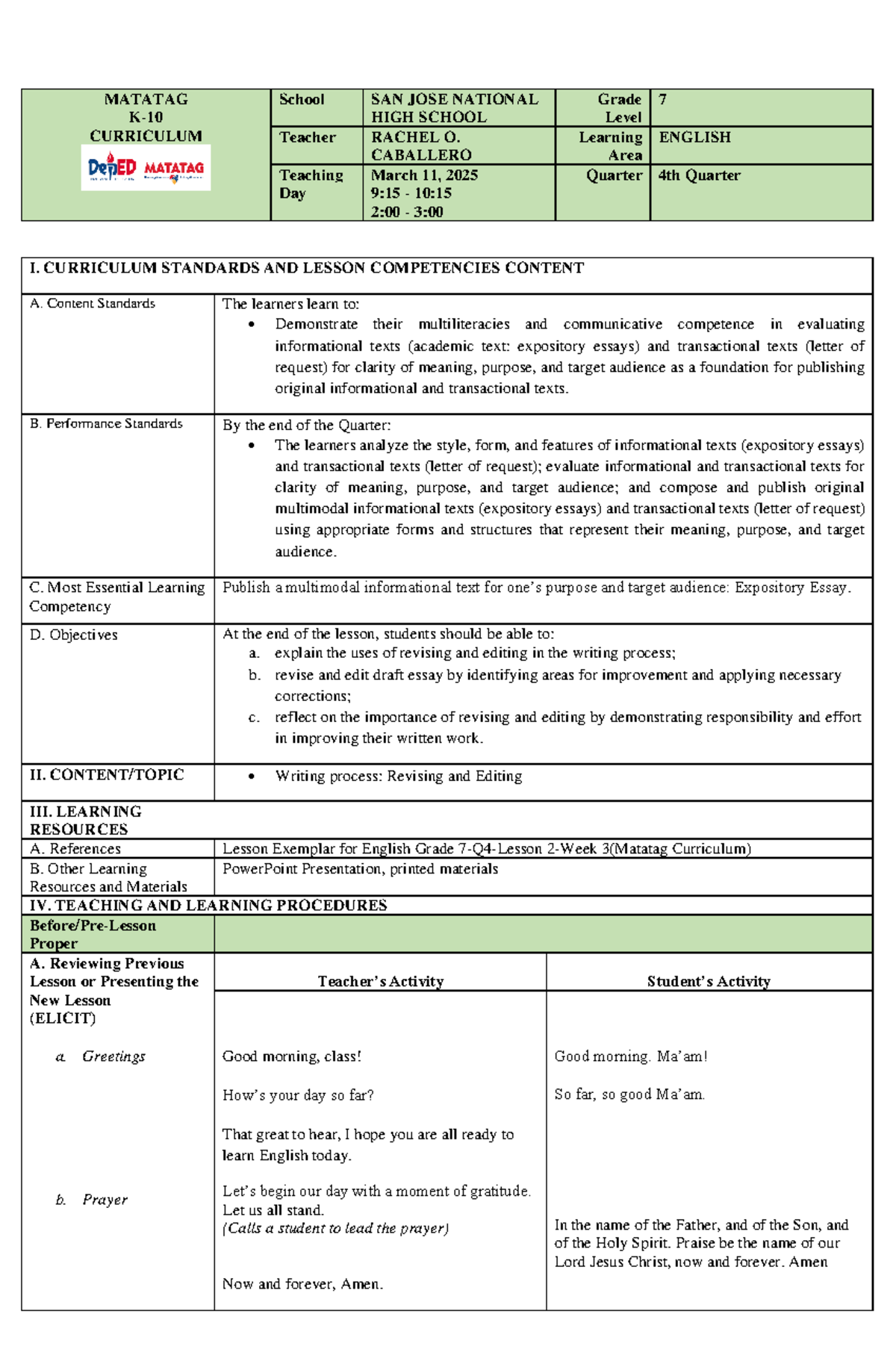 DLP - Matatag Curriculum Grade 7 English Q4 Week 4: Revising & Editing ...