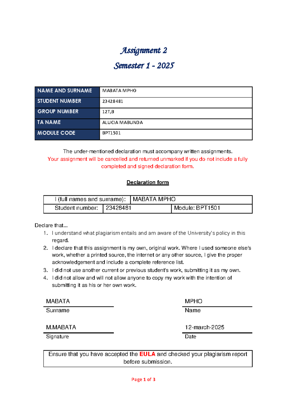 BPT 1501 Assessment 2 - Assignment - Page 1 of 3 Assignment 2 Semester ...