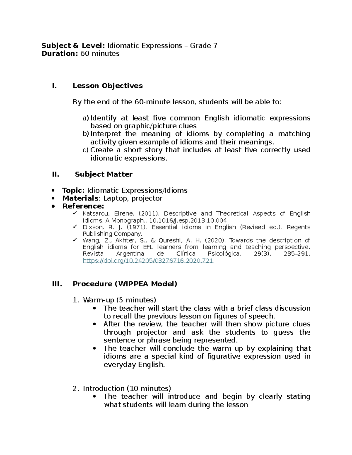 Grade 7 Lesson Plan: Understanding Idiomatic Expressions - Studocu
