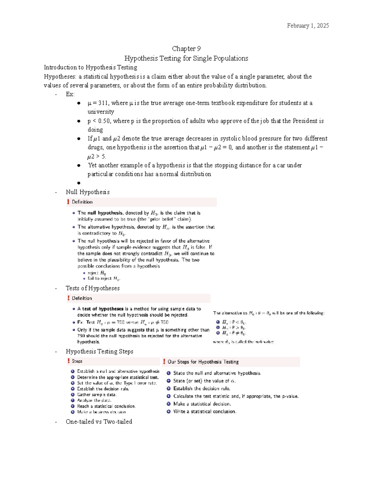 Chapter 9: Hypothesis Testing for Single Populations (Final Exam) - Studocu