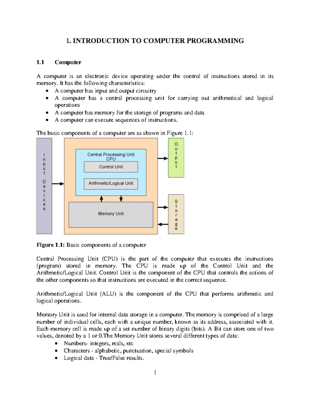Computer Programing - notes - 1. INTRODUCTION TO COMPUTER PROGRAMMING 1 ...