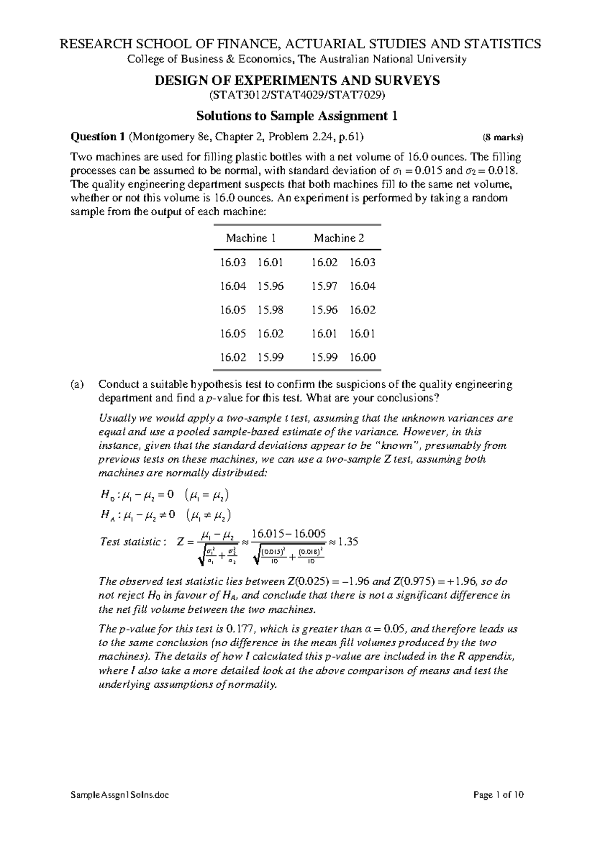Sample Assgn 1Solns - The content of STAT3012 assignment1 and solution ...