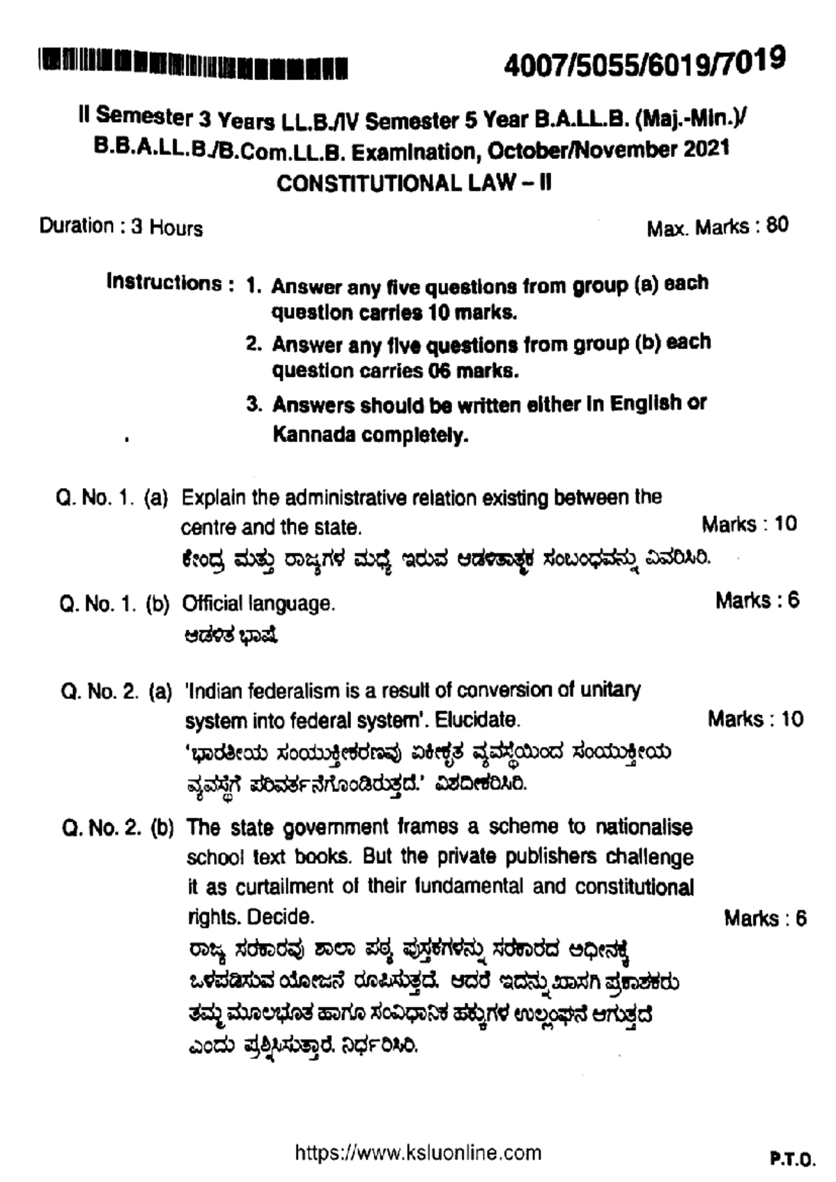 B.A.LL.B. II Sem Constitutional Law II Exam Questions - Nov 2021 - Studocu