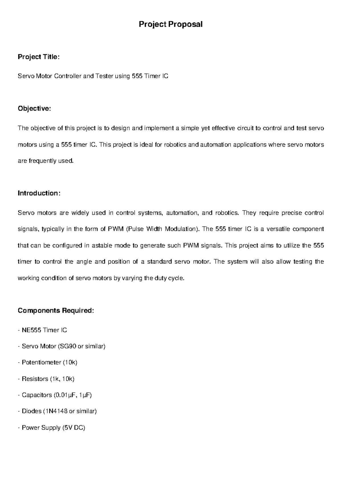 Servo Motor Controller Project Proposal using Timer IC - Studocu