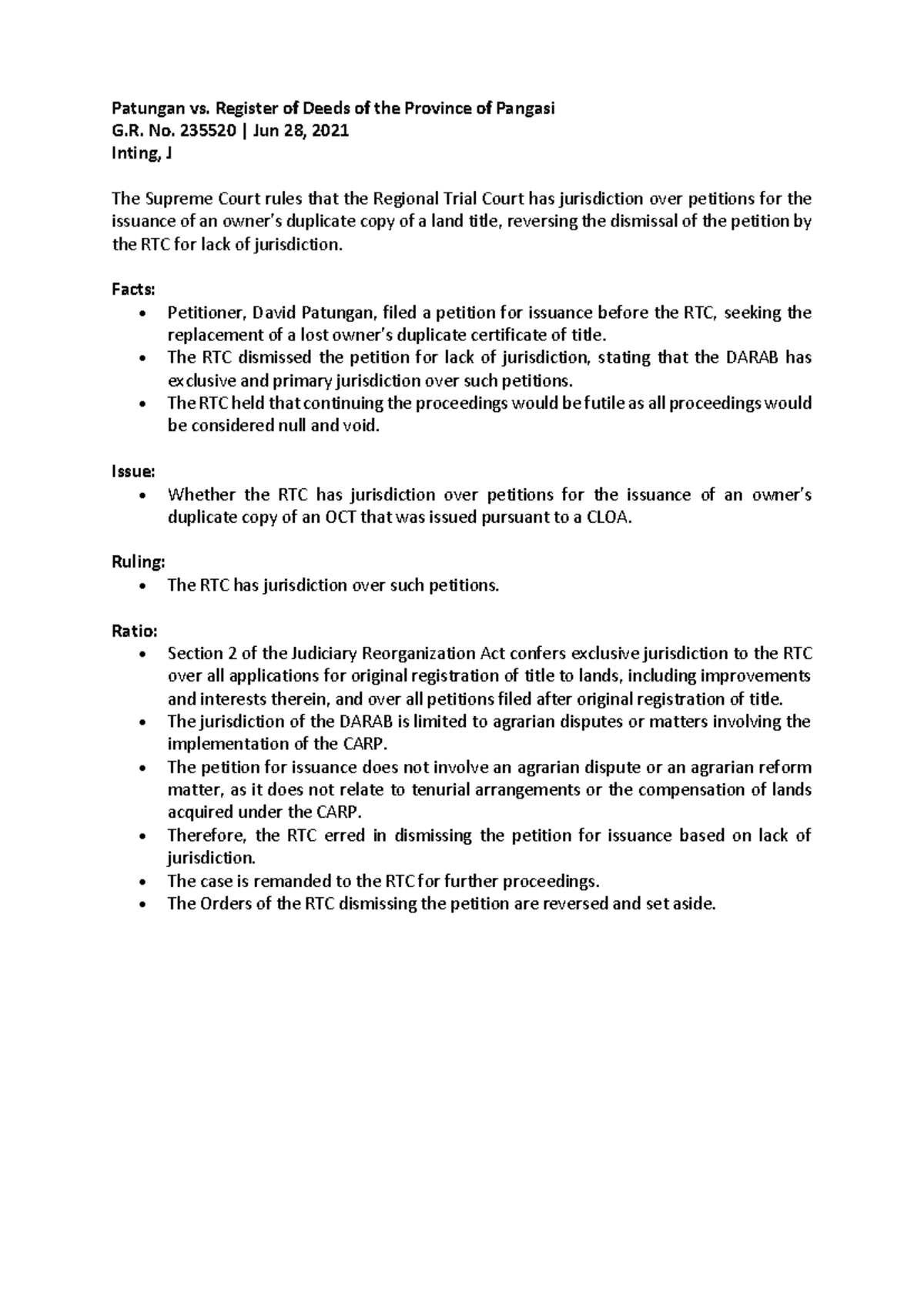 Patungan vs. ROD of Pangasi G.R. No. 235520: RTC Jurisdiction Ruling ...