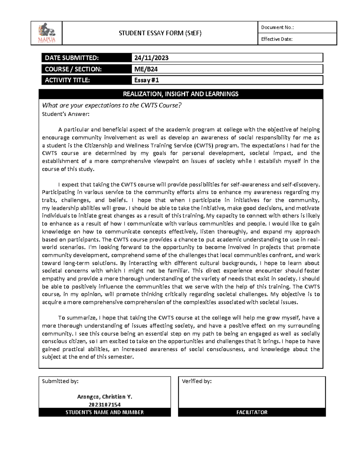 CWTS102 Term-End Essay: Commitment to Sustainability in Education - Studocu