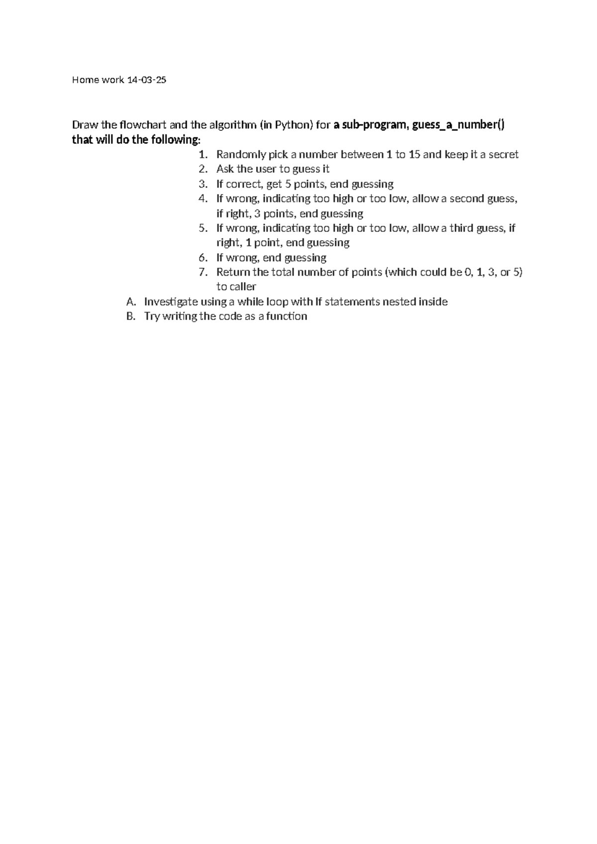 Homework 14-03-2025: Flowchart & Python Algorithm for Guessing Game ...