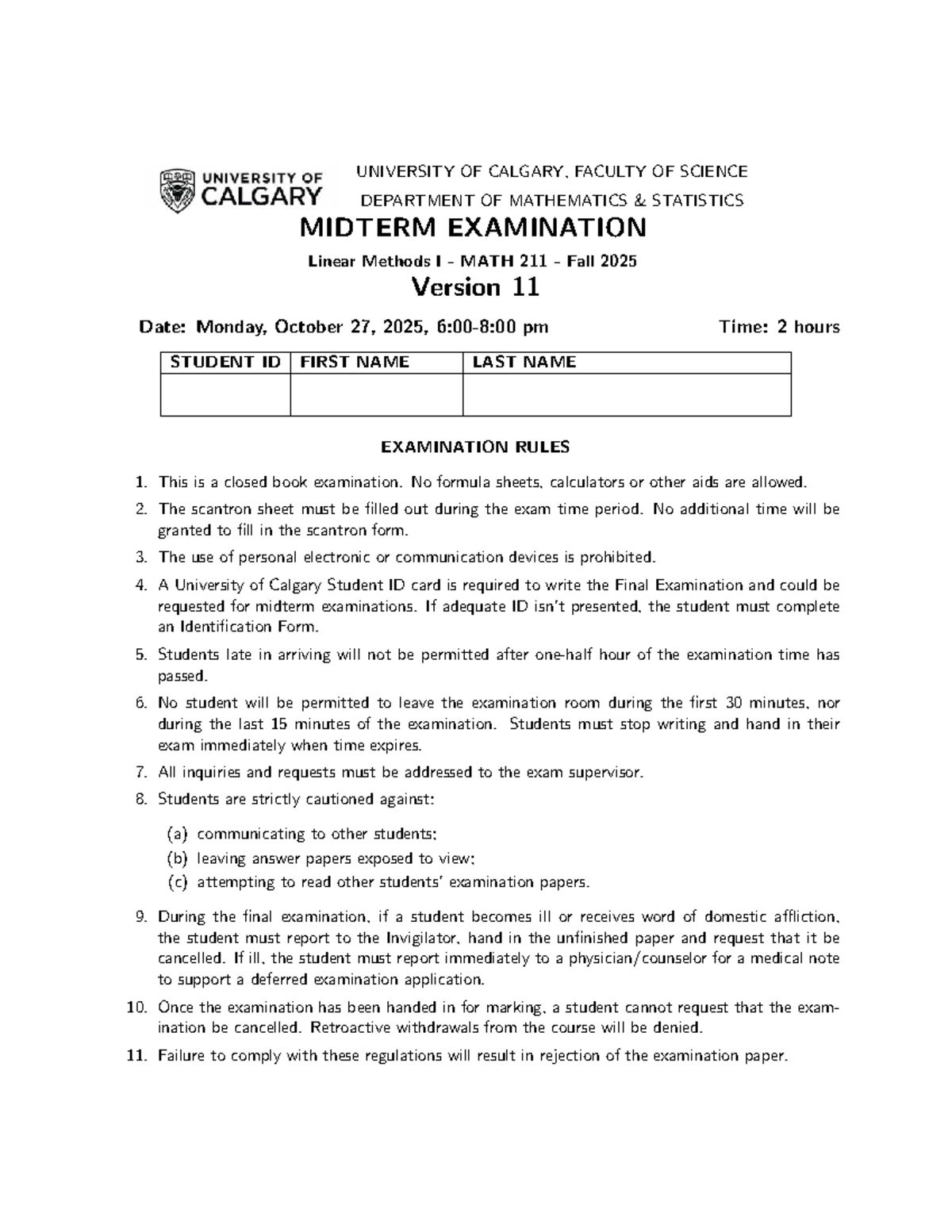 MATH 211 Midterm Exam V11 Answers - Fall 2025 - Studocu
