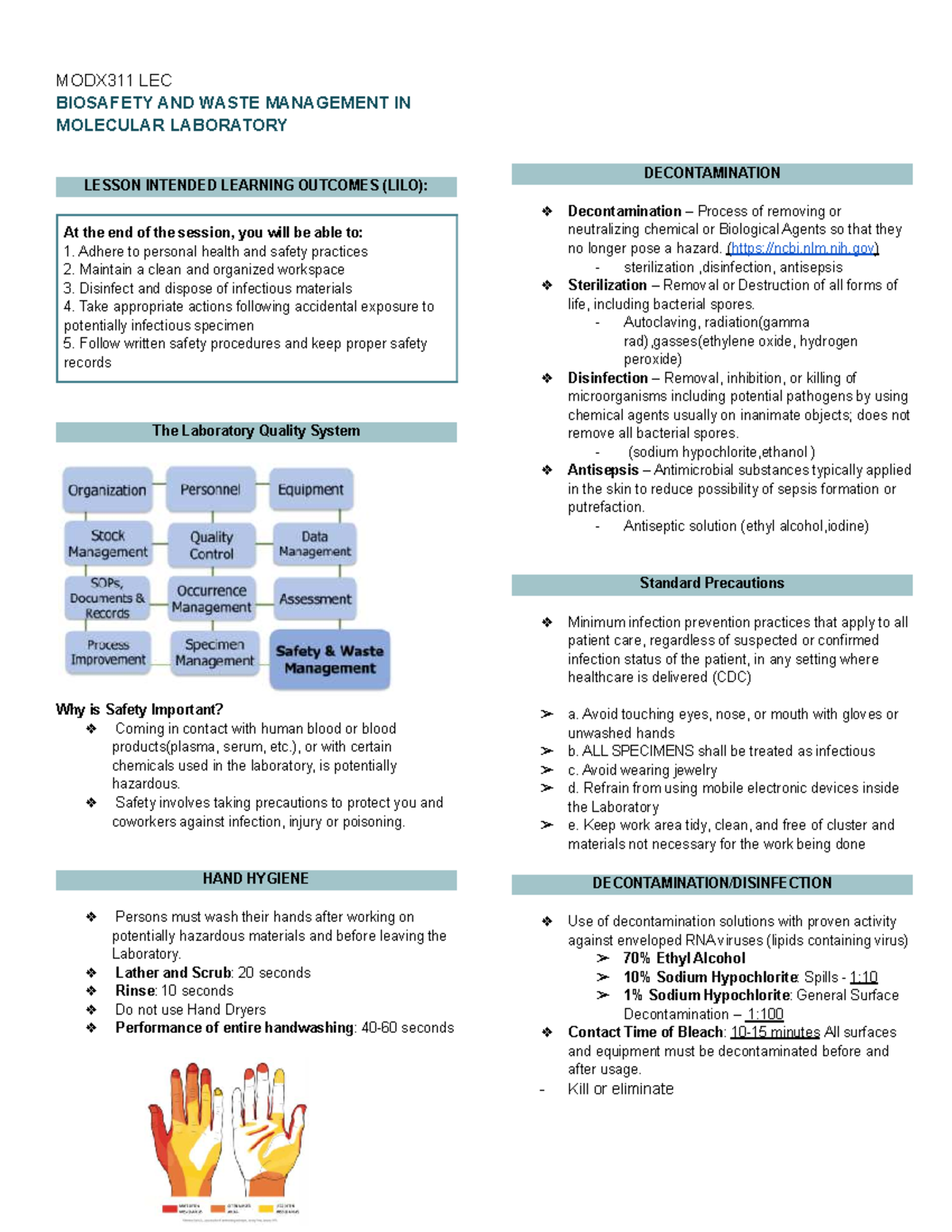 MODX311 LEC Biosafety & Waste Management in Molecular Labs - Studocu