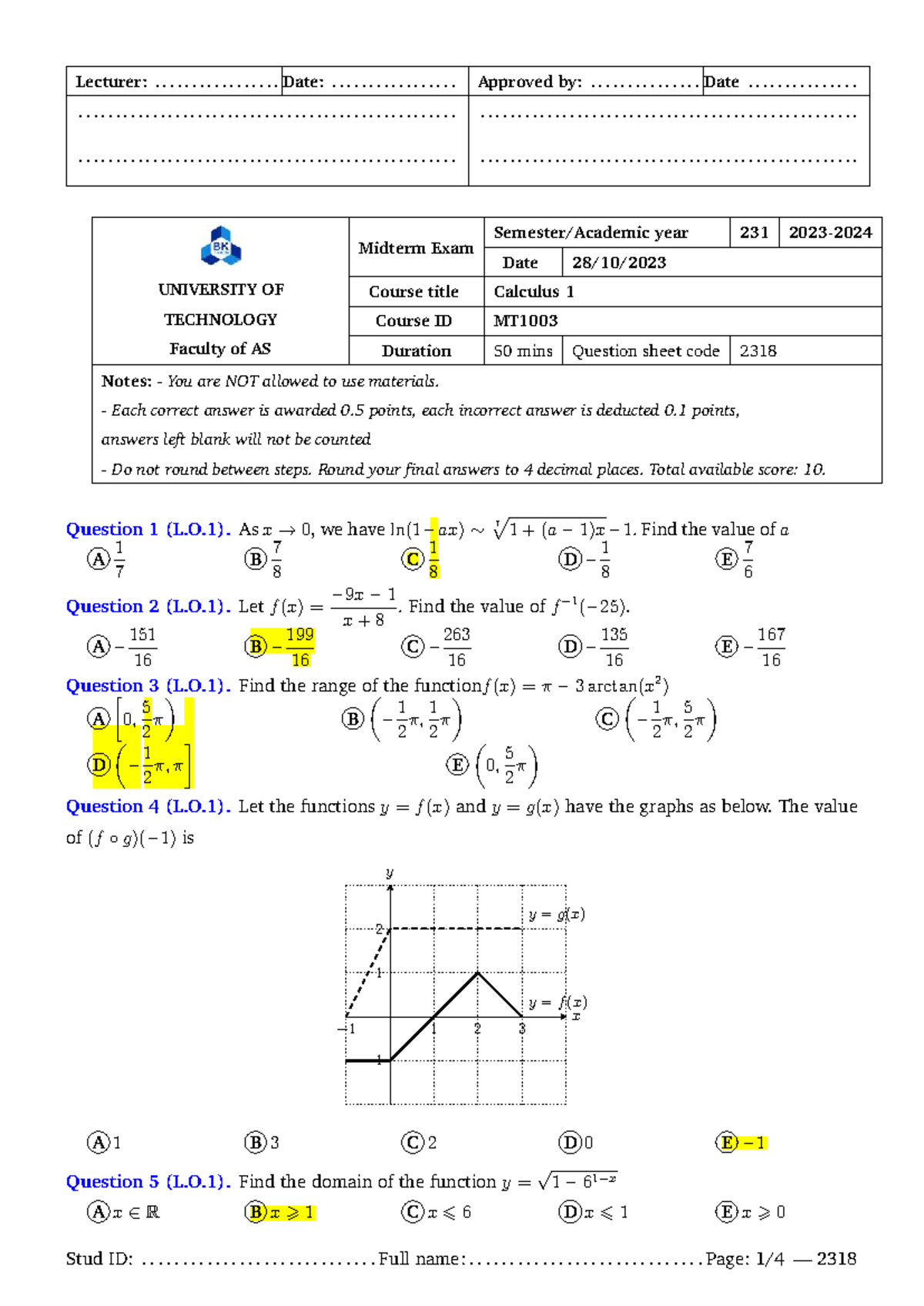 Midterm Exam MT1003 - Calculus 1 Question Sheet 2318 - Studocu