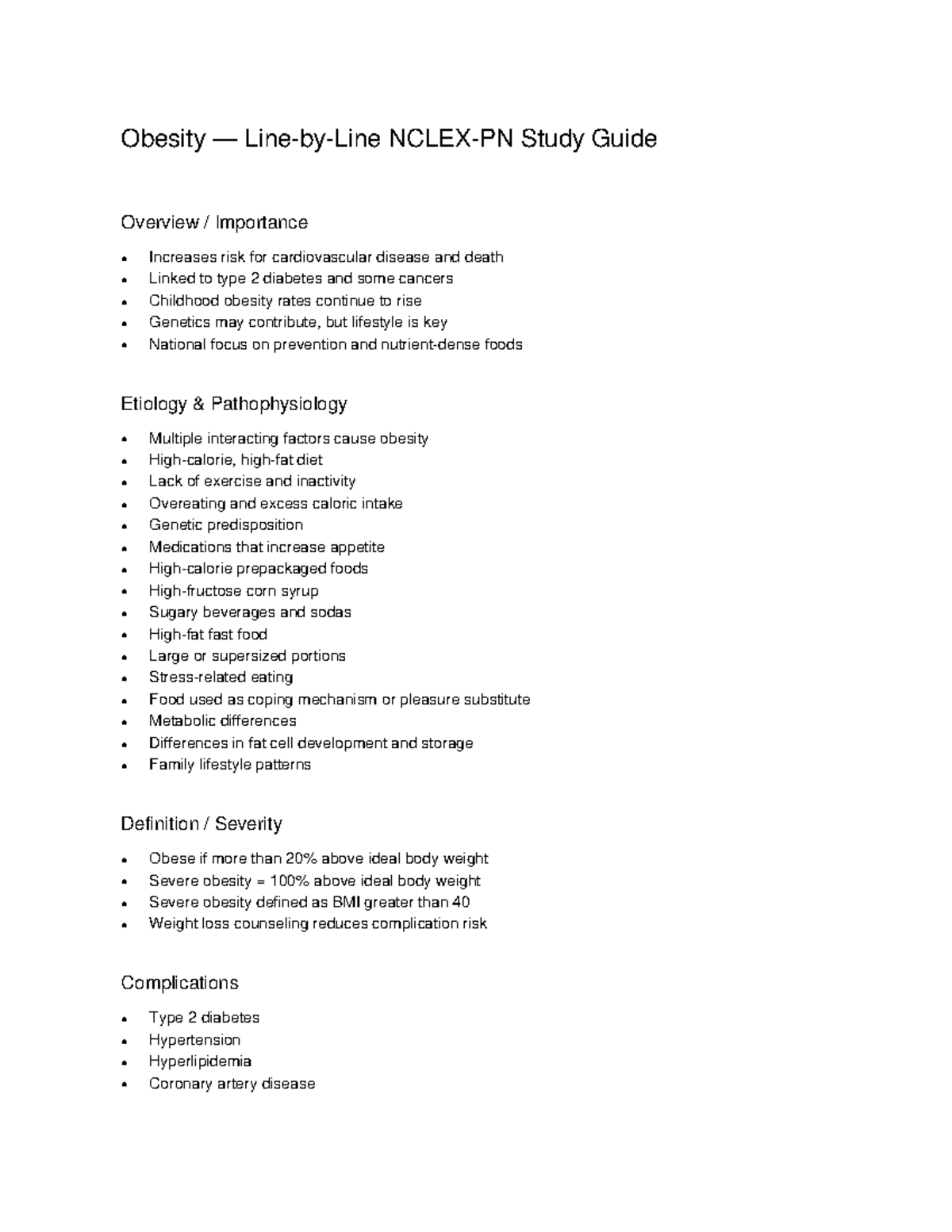 Obesity - Exam 2 Study Guide: Key Concepts and Complications - Studocu